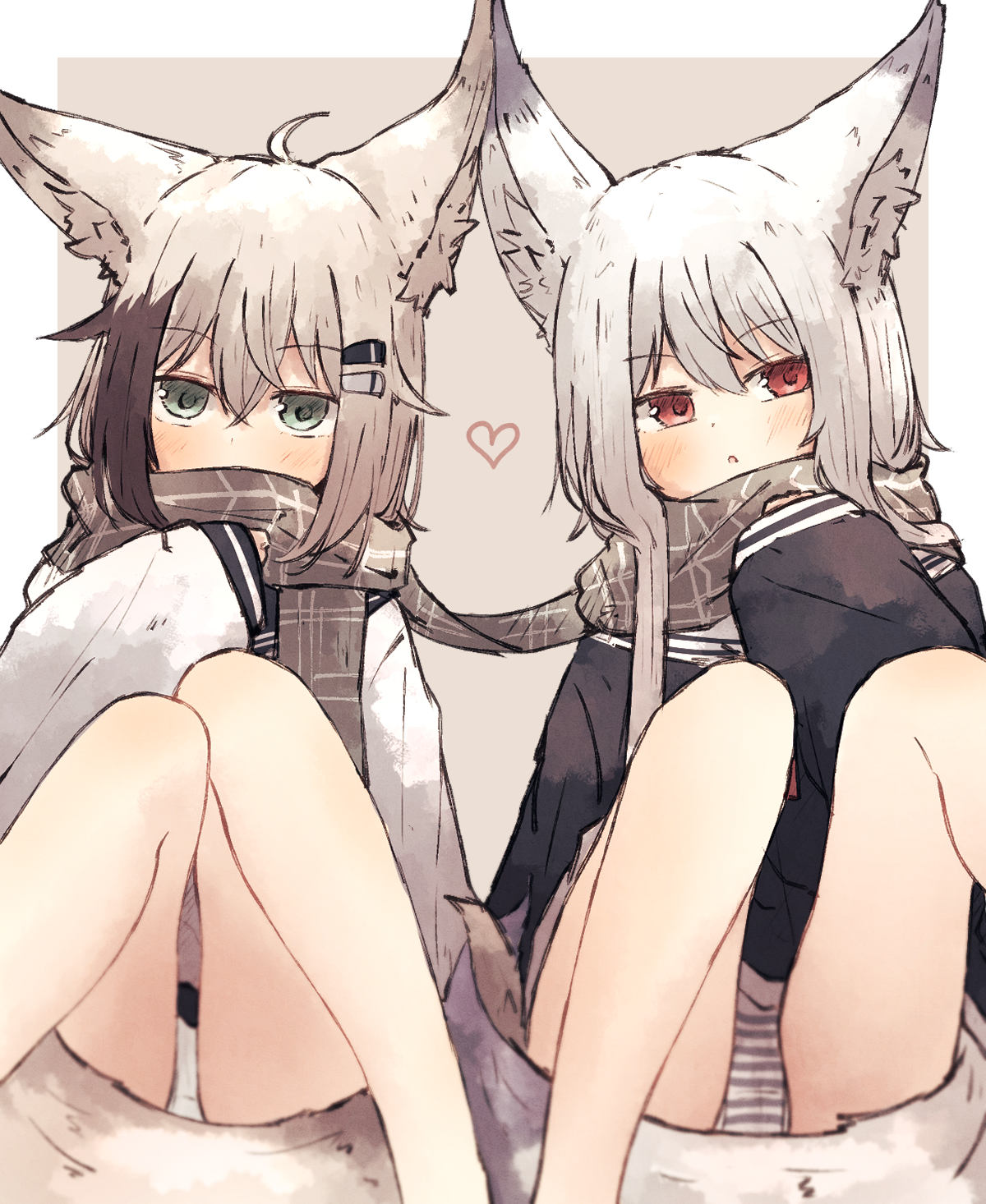 meguru 1225, kuon (meguru 1225), mayu (meguru 1225), original, commentary, highres, 2girls, animal ear fluff, animal ears, black shirt, blush, brown scarf, fox ears, fox girl, fox tail, green eyes, grey panties, hair ornament, hairclip, heart, intertwined tails, long sleeves, multiple girls, open mouth, panties, parallel hairclips, plaid clothes, plaid scarf, red eyes, romaji commentary, scarf, shared clothes, shared scarf, shirt, sitting, sleeves past wrists, striped clothes, striped panties, tail, underwear, white panties, white shirt, yuri