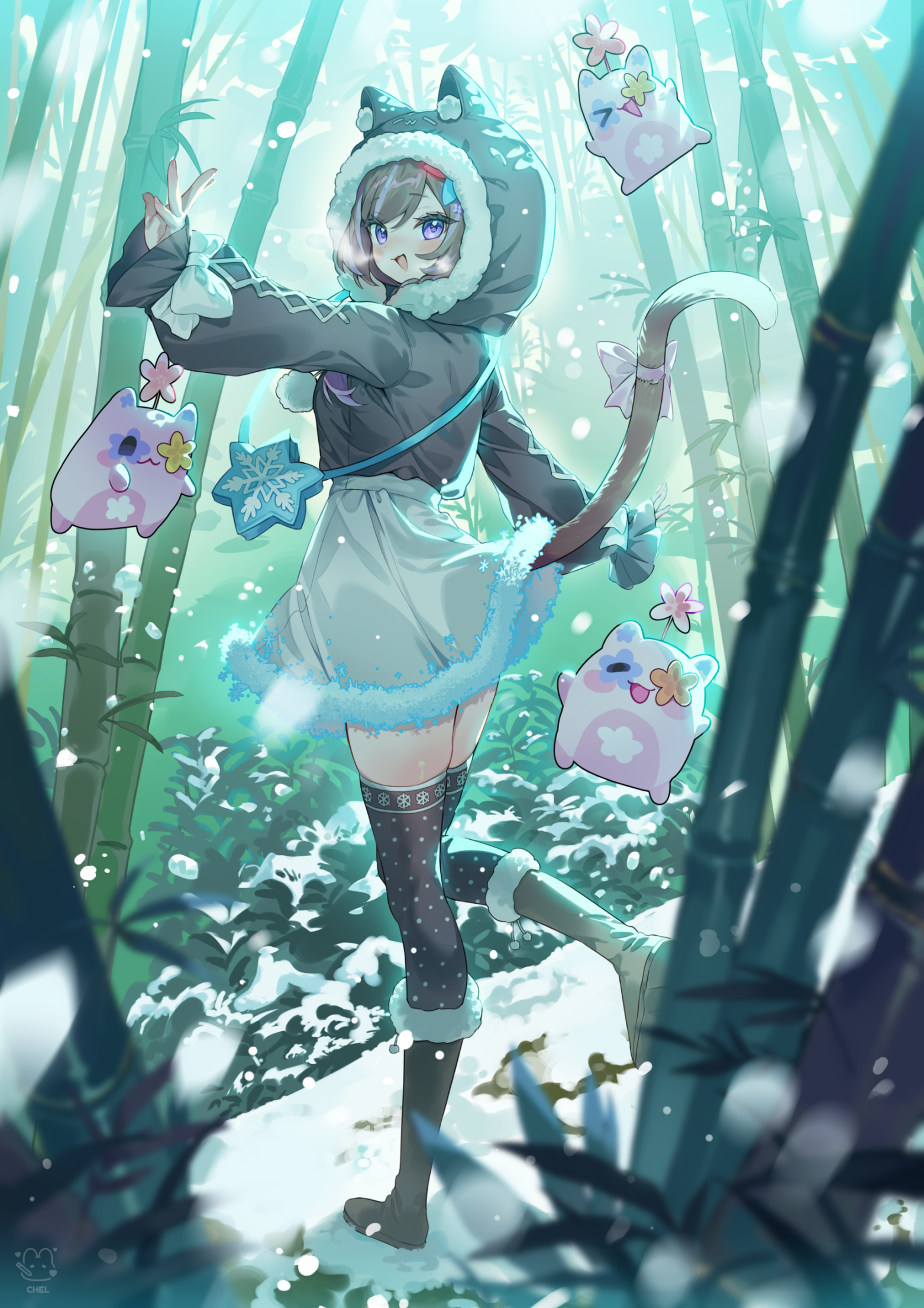 cheli (kso1564), commentary request, copyright request, highres, 1girl, animal ears, animal hood, bag, bamboo, bamboo forest, black thighhighs, blurry, blurry foreground, boots, bow, brown boots, brown hair, cat ears, cat tail, day, depth of field, fake animal ears, forest, fur-trimmed boots, fur-trimmed hood, fur-trimmed skirt, fur trim, grey hoodie, hair ornament, hairclip, hood, hood up, hoodie, long sleeves, multicolored hair, nature, outdoors, outstretched arm, puffy long sleeves, puffy sleeves, purple eyes, purple hair, shoe soles, shoulder bag, signature, skirt, sleeves past wrists, snow, snowflake print, snowing, solo, standing, standing on one leg, streaked hair, tail, thighhighs, thighhighs under boots, virtual youtuber, white bow, white skirt
