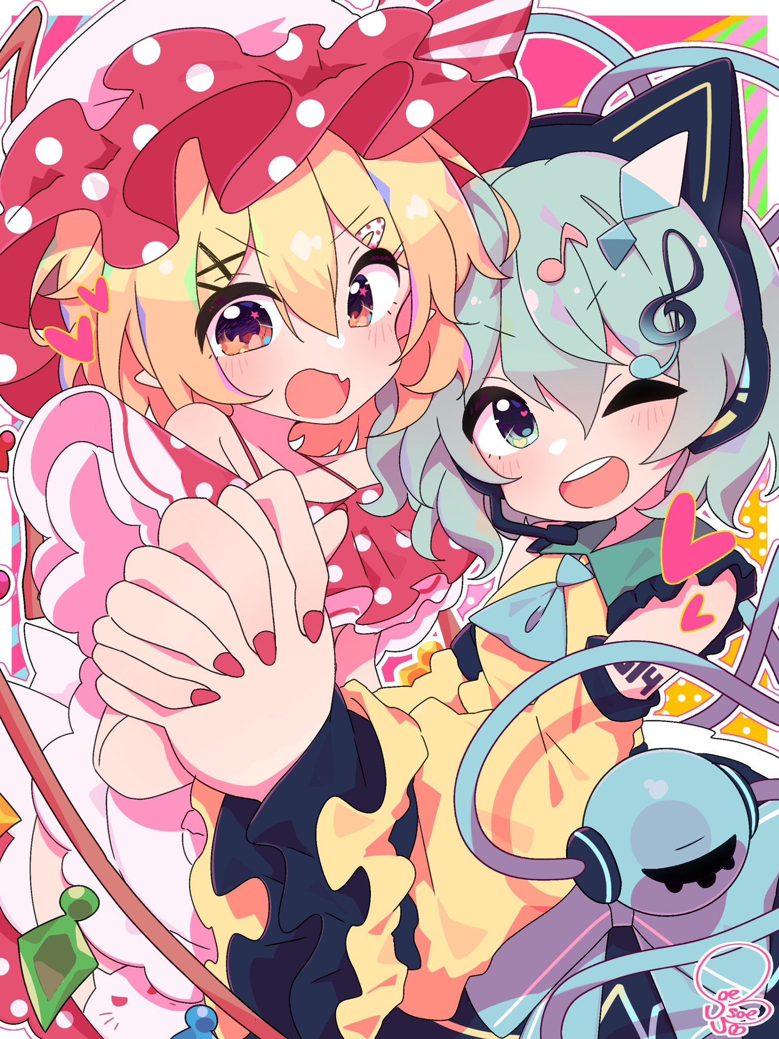 soesoe300, flandre scarlet, komeiji koishi, cool&create, internet survivor, touhou, highres, redrawn, 2girls, ;d, adapted costume, animal ear headphones, animal ears, apron, arm tattoo, bare shoulders, blonde hair, blush, border, cat ears, crystal, detached sleeves, fake animal ears, fang, foreshortening, fortissimo, frilled shirt collar, frilled sleeves, frills, frown, green eyes, green hair, hair between eyes, hair ornament, happy, hat, headphones, heart, heart of string, high heels, holding hands, long sleeves, looking at viewer, looking back, medium hair, mob cap, multiple girls, musical note, musical note hair ornament, nail polish, one eye closed, open mouth, pointy ears, red eyes, red nails, shirt, simple background, skin fang, smile, star (symbol), star in eye, symbol in eye, tattoo, teeth, third eye, trait connection, twitter username, upper body, upper teeth only, v-shaped eyebrows, waist apron, white apron, white border, white hat, wide sleeves, wings, yellow shirt