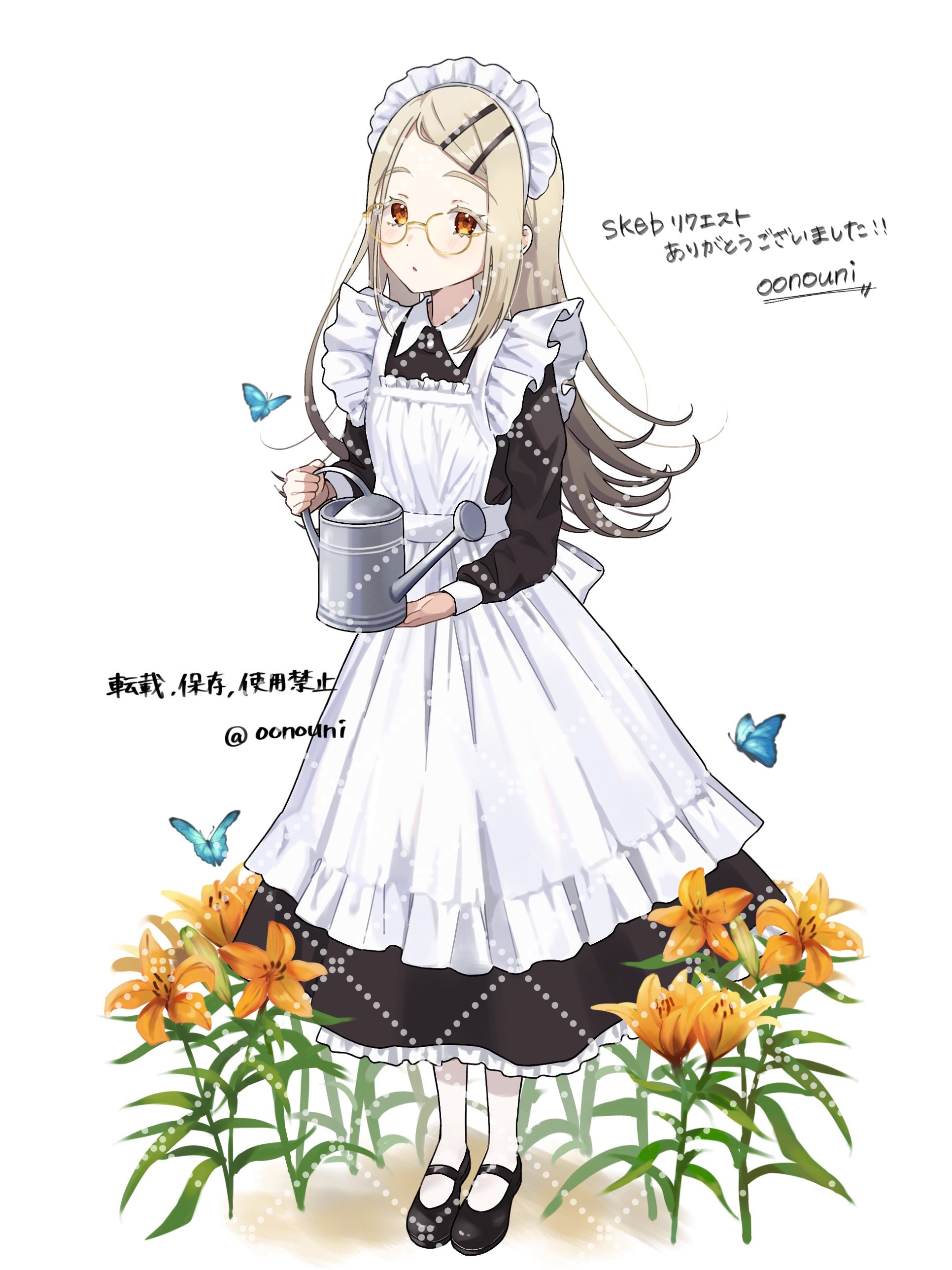 oonouni, shinosawa hiro, gakuen idolmaster, idolmaster, absurdres, commentary request, commission, highres, skeb commission, translation request, 1girl, alternate costume, apron, black dress, black shoes, blonde hair, blush, bug, butterfly, colored eyelashes, contrast collar, dot nose, dress, enmaided, flipped hair, flower, frilled apron, frilled dress, frills, full body, glasses, gradient hair, grey hair, hair ornament, hairclip, holding, holding watering can, insect, long dress, long hair, long sleeves, looking at viewer, maid, maid apron, maid headdress, mary janes, multicolored hair, open mouth, orange eyes, orange flower, parallel hairclips, parted bangs, petticoat, round eyewear, shoes, socks, solo, standing, twitter username, watering can, watermark, white apron, white background, white headdress, white socks, yellow-framed eyewear