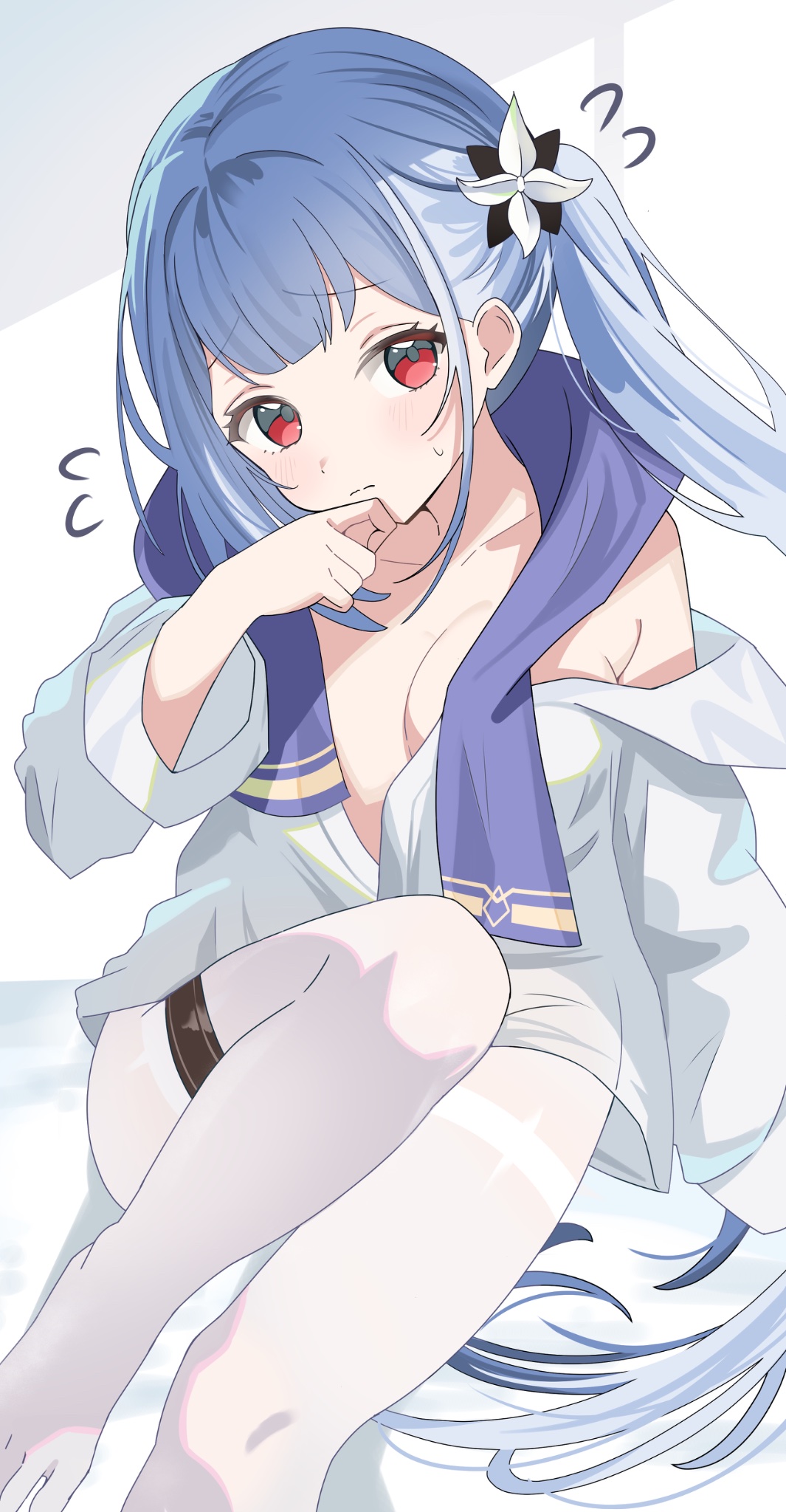 kanimiso30601, freesia (stella sora), stella sora, commentary, highres, symbol-only commentary, 1girl, blue hair, breasts, cleavage, closed mouth, collarbone, flying sweatdrops, foot out of frame, frown, knee up, large breasts, long hair, looking at viewer, no bra, pantyhose, raised inner eyebrows, red eyes, shirt, side ponytail, solo, thigh strap, toe socks, towel, towel around neck, very long hair, white pantyhose, white shirt