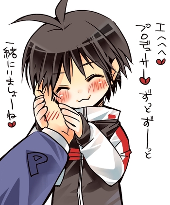 kikuchi makoto, producer (idolmaster), idolmaster, idolmaster (classic), idolmaster 1, lowres, translation request, 00s, 1girl, :3, antenna hair, black hair, blush, closed eyes, short hair, solo focus
