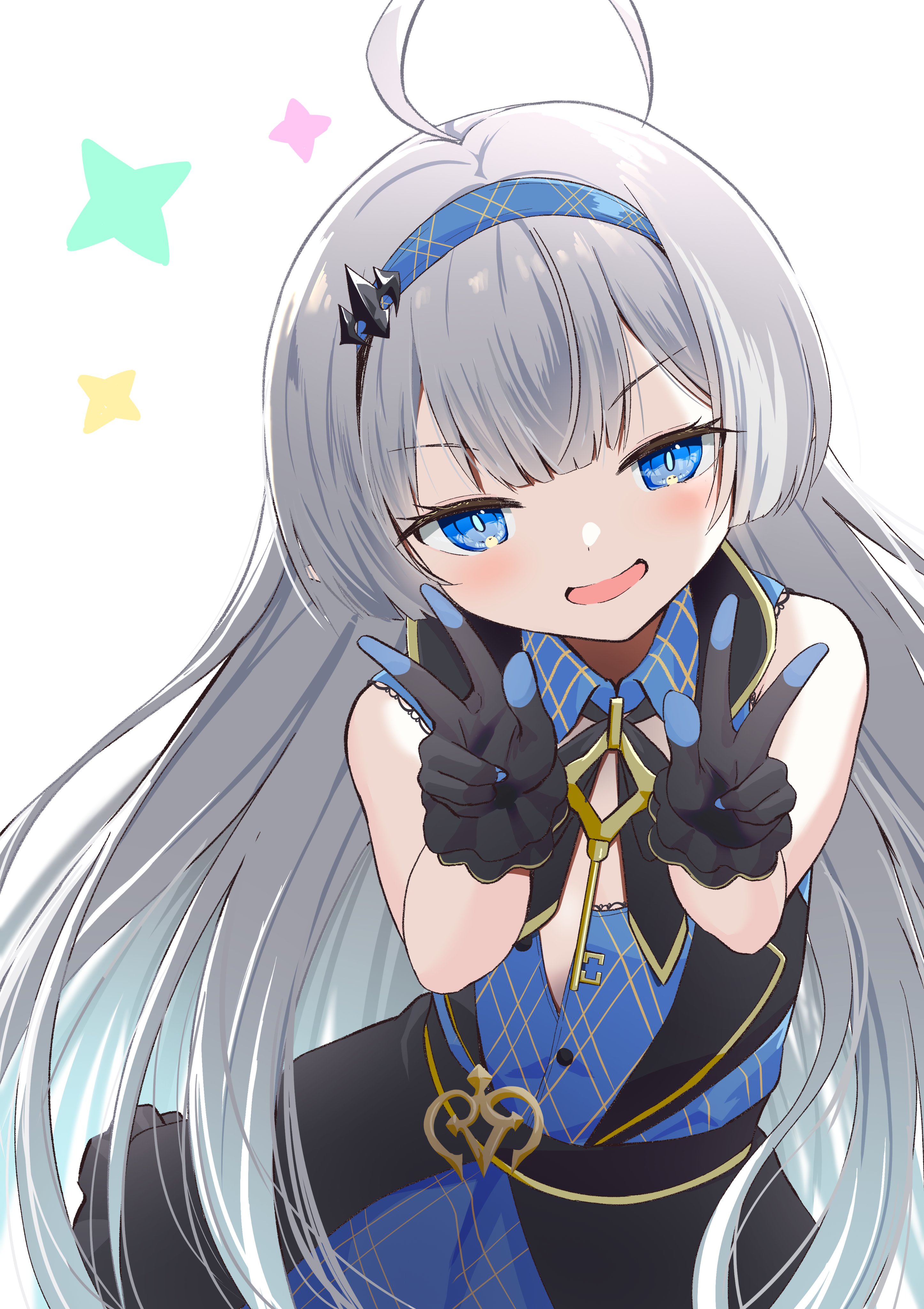 hayaoki (asagi-iro seishun-bu), female tyrant (stella sora), stella sora, absurdres, commentary, highres, 1girl, :d, ahoge, black gloves, blue dress, blue eyes, blue hairband, cowboy shot, detached collar, double-parted bangs, double w, dress, frilled gloves, frills, gloves, grey hair, hairband, looking at viewer, open mouth, sidelocks, sleeveless, sleeveless dress, smile, solo, tyrant (stella sora), w