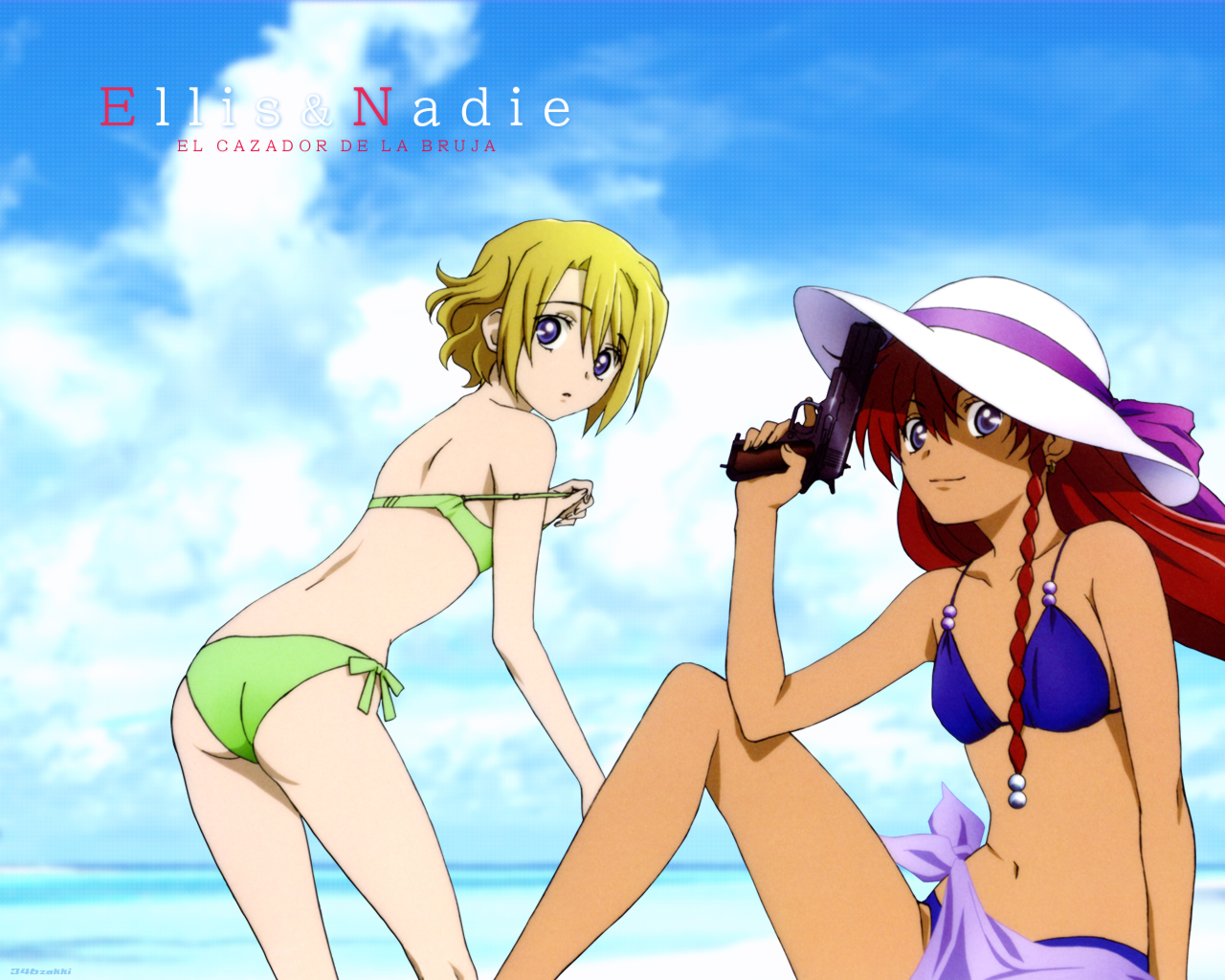ellis, ellis (el cazador de la bruja), nadie, el cazador de la bruja, non-web source, 00s, 2girls, ass, asymmetrical hair, beach, bikini, blonde hair, blue bikini, blue eyes, braid, day, green bikini, gun, hairdressing, hat, long hair, multiple girls, outdoors, red hair, sarong, short hair, side-tie bikini bottom, sky, string bikini, swimsuit, weapon