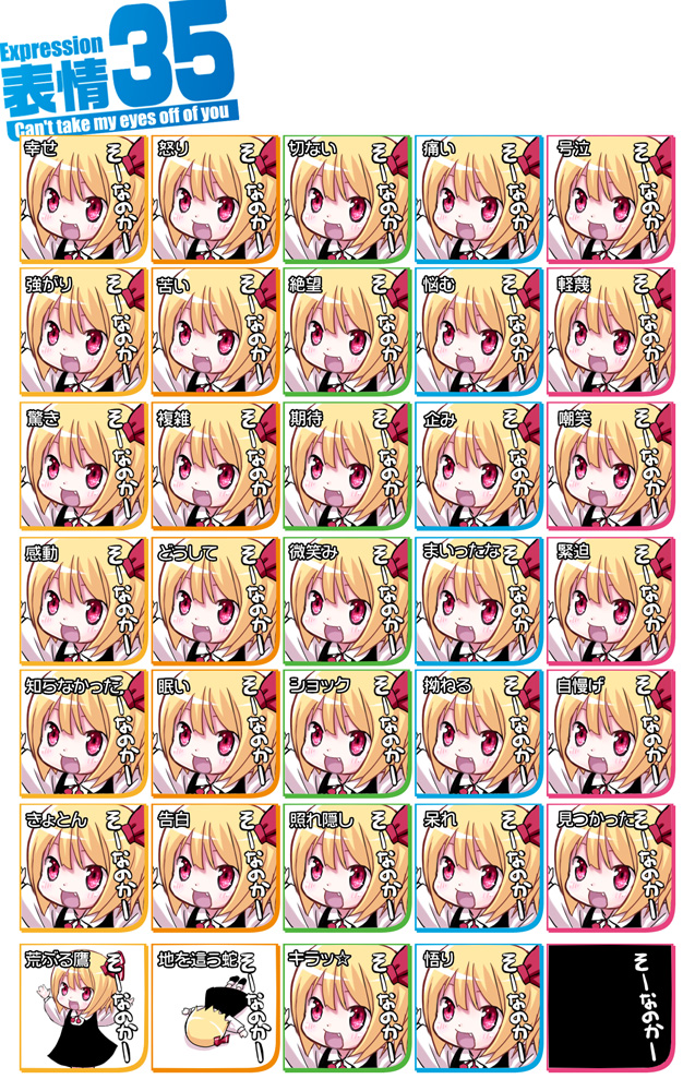 kiira, rumia, embodiment of scarlet devil, touhou, bad id, bad pixiv id, translated, 1girl, blonde hair, chart, fang, female focus, is that so, multiple expressions, multiple views, parody, red eyes