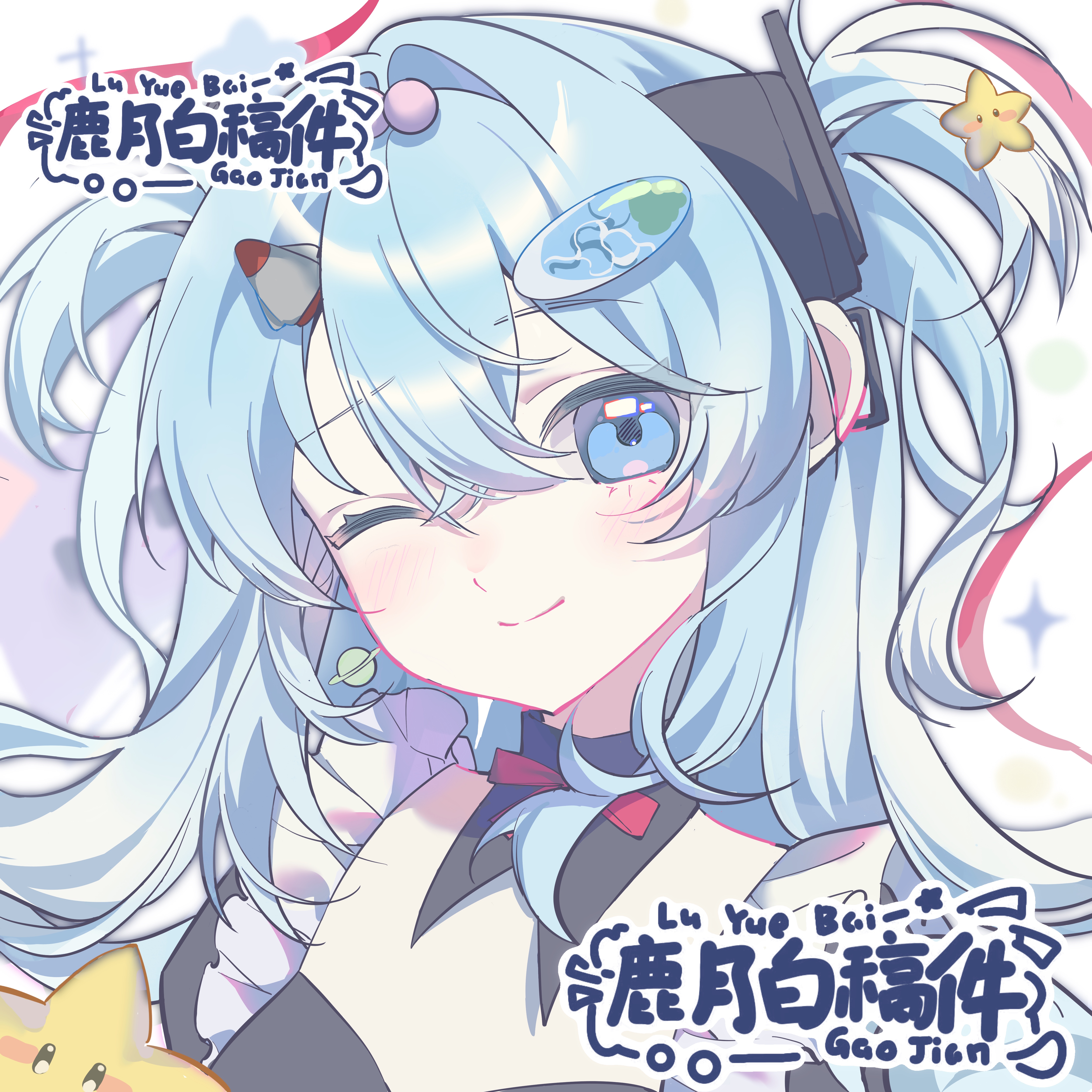 original, absurdres, bad id, bad mihuashi id, highres, 1girl, ;), artist name, blue eyes, blue hair, blush, closed mouth, double-parted bangs, hair between eyes, hair ornament, long hair, lu yue bai, one eye closed, portrait, smile, solo, two side up, white background