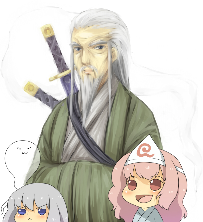 urin, konpaku youki, konpaku youki (ghost), konpaku youmu, konpaku youmu (ghost), saigyouji yuyuko, touhou, bad id, bad pixiv id, 1boy, 2girls, :<, :3, :d, aged down, beard, chibi, facial hair, hitodama, japanese clothes, kimono, multiple girls, old, old man, open mouth, smile, sword, weapon