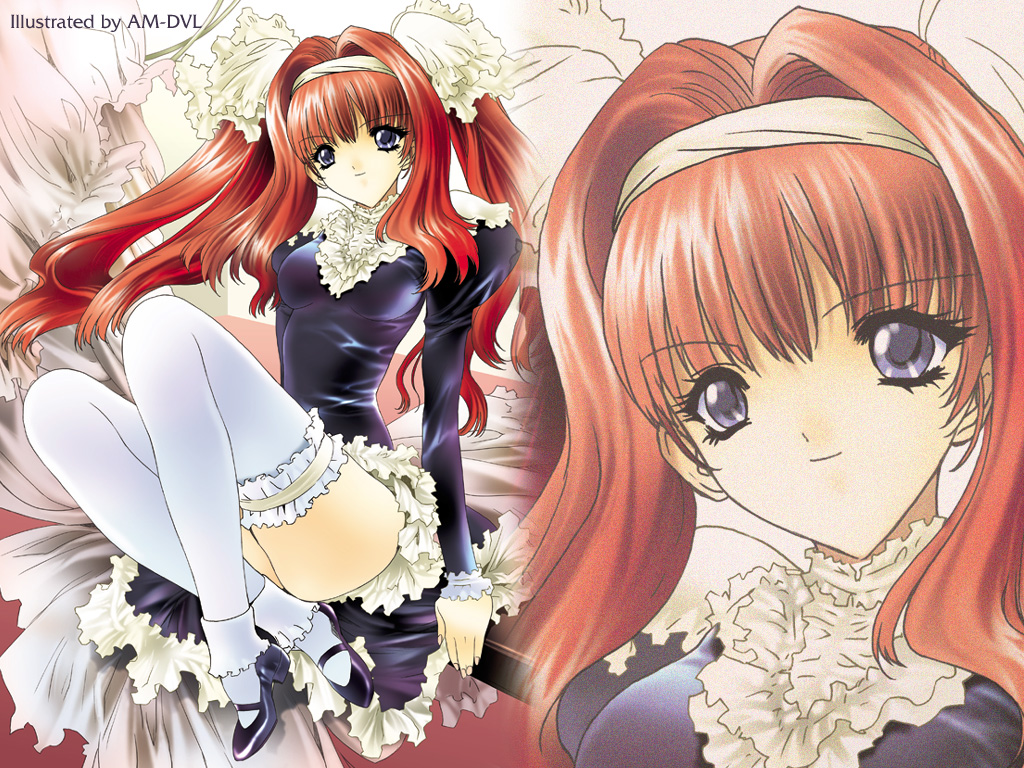 am-dvl, original, 1girl, ass, blue eyes, crossed legs, dress, female focus, frilled thighhighs, frills, hair intakes, hairband, high heels, long hair, mary janes, no panties, red hair, shoes, sitting, smile, solo, thighhighs, turtleneck, twintails, white thighhighs, zoom layer