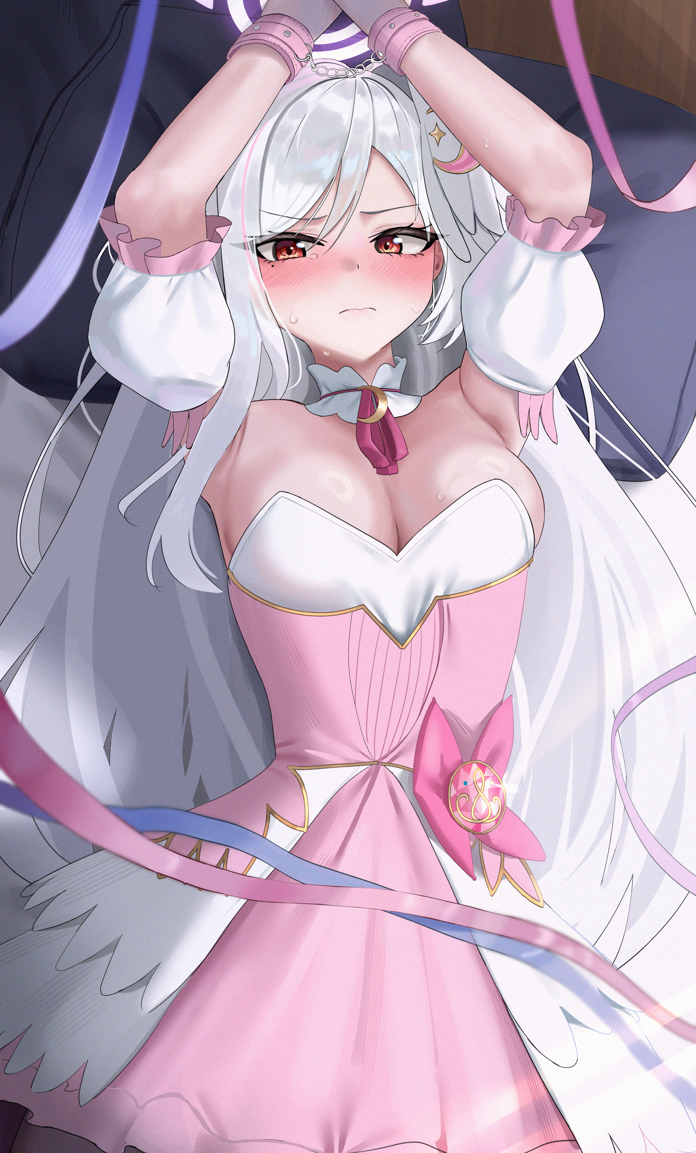 hum455, suzumi (blue archive), suzumi (magical) (blue archive), blue archive, absurdres, commentary request, highres, 1girl, angel wings, blush, bound, bound wrists, breasts, cleavage, closed mouth, detached sleeves, dress, large breasts, long hair, looking at viewer, official alternate costume, pink dress, red eyes, solo, very long hair, white hair, wings