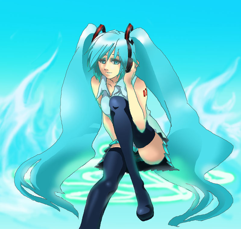 akira (pixiv51678), hatsune miku, vocaloid, bad id, bad pixiv id, aqua eyes, aqua hair, boots, detached sleeves, headphones, long hair, solo, thighhighs, twintails