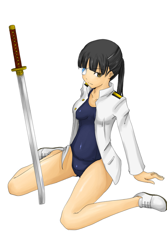aona (anagasaki), sakamoto mio, strike witches, world witches series, uniform, bad id, bad pixiv id, 00s, 1girl, arm support, black hair, chokuto, eyepatch, female focus, katana, no pants, one-piece swimsuit, open clothes, open shirt, planted, planted sword, planted weapon, school swimsuit, shirt, sitting, solo, swimsuit, swimsuit under clothes, sword, wariza, weapon, yellow eyes