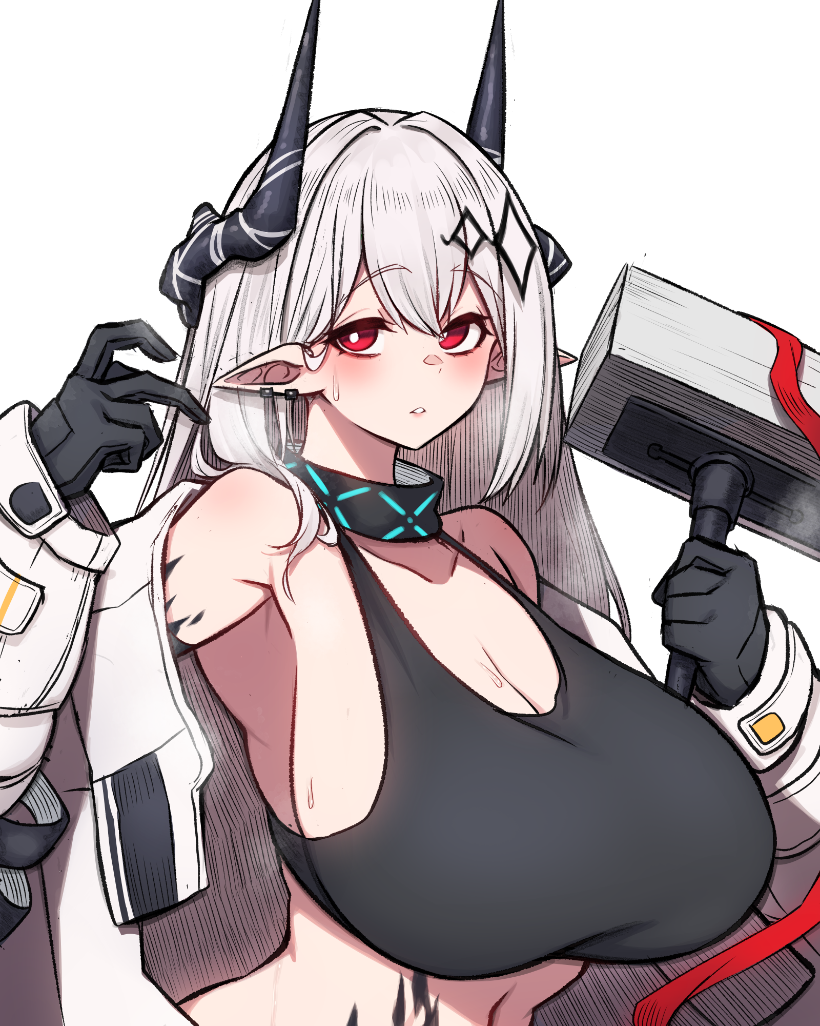 rikuguma, infection monitor (arknights), mudrock (arknights), mudrock (elite ii) (arknights), arknights, commentary, highres, 1girl, alternate breast size (larger), bare shoulders, black collar, black gloves, black horns, black sports bra, blush, breasts, bright pupils, cleavage, collar, collarbone, diamond hair ornament, ear piercing, gloves, grey hair, hair between eyes, hair ornament, hammer, hands up, holding, holding hammer, holding weapon, horns, huge breasts, jumpsuit, long hair, long sleeves, looking at viewer, material growth, off shoulder, open clothes, open jumpsuit, oripathy lesion (arknights), parted lips, piercing, pointy ears, puffy long sleeves, puffy sleeves, red eyes, sideboob, simple background, sledgehammer, solo, sports bra, steaming body, sweat, weapon, white background, white jumpsuit, white pupils