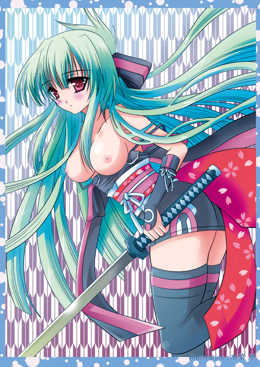 mizuna midori, mizunamidori, kanzaki saya, beatmania iidx, bemani, 1girl, breasts, female focus, japanese clothes, kimono, large breasts, long hair, solo, sword, thighhighs, weapon