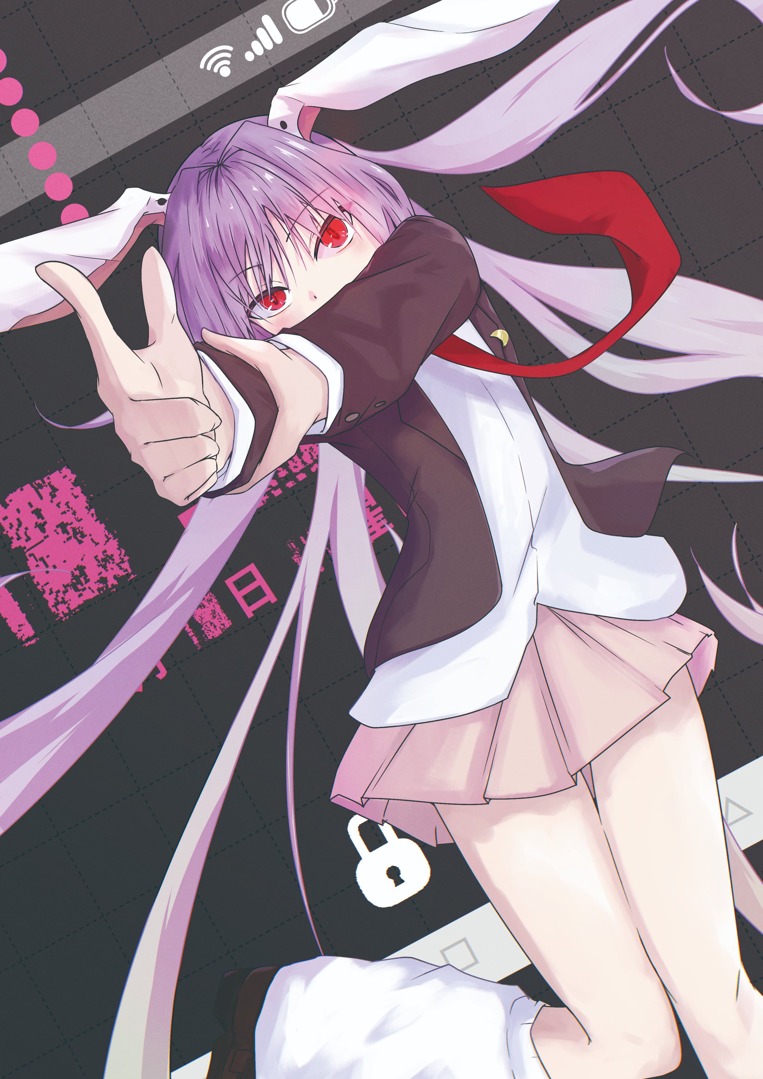 mendou jun, reisen udongein inaba, touhou, absurdres, highres, 1girl, animal ears, blazer, finger gun, jacket, long hair, long sleeves, looking at viewer, necktie, pink skirt, purple hair, rabbit ears, rabbit girl, rabbit tail, red eyes, red necktie, shirt, skirt, solo, status bar, tail, very long hair