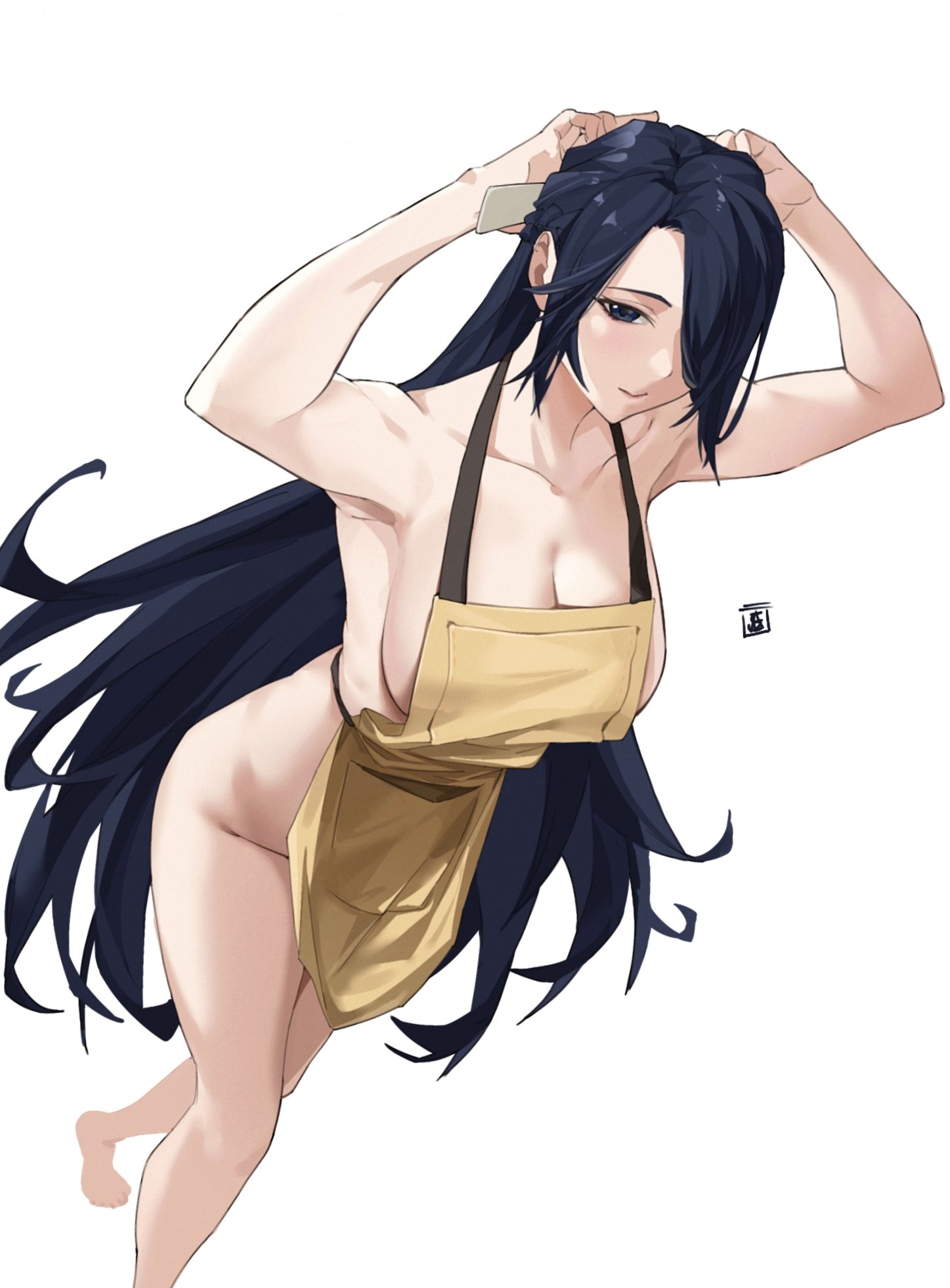 saikiseiya, azuma fubuki, mato seihei no slave, commentary, english commentary, highres, 1girl, apron, bare shoulders, breasts, collarbone, dutch angle, from above, large breasts, long hair, nude, one eye covered, simple background, white background