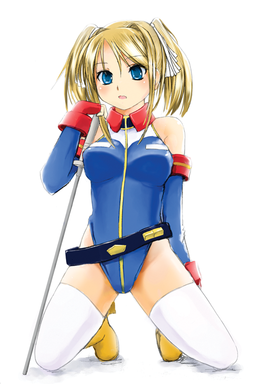 macfist, reiko holinger, gundam, gundam card builder, uniform, 1girl, belt, belt skirt, blonde hair, blue eyes, breasts, elbow gloves, female focus, gloves, highleg, highleg leotard, large breasts, leotard, solo, thighhighs, twintails