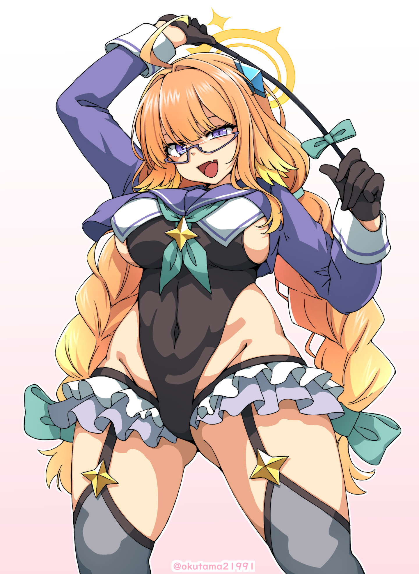 okutama tarou, shimiko (blue archive), shimiko (magical) (blue archive), blue archive, braided twintails, highres, 1girl, black leotard, blonde hair, blue shrug, bow, braid, breasts, covered navel, fang, feather hair, glasses, gloves, gradient hair, green bow, grey-framed eyewear, hair bow, half gloves, halo, holding, holding riding crop, impossible clothes, impossible leotard, large breasts, leotard, long hair, long sleeves, low twin braids, multicolored hair, open mouth, purple eyes, riding crop, semi-rimless eyewear, shrug (clothing), skin fang, solo, super highleg, thighhighs, twin braids, under-rim eyewear, very long hair, yellow halo