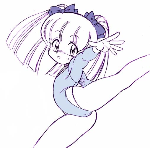 kokera, hagoromo amame, boku no shachou-sama, 1girl, blue theme, cameltoe, female focus, leotard, loli, long hair, monochrome, open mouth, simple background, solo, split, sweatdrop, twintails, white background