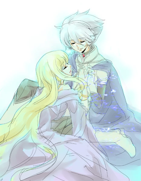mana (tsuki to kujira), oz5 skr, physis, soldier blue, toward the terra, silver hair, 1boy, 1girl, albino, blonde hair, blue theme, boots, cape, closed eyes, couple, dress, gloves, headphones, hetero, long hair, sitting, smile