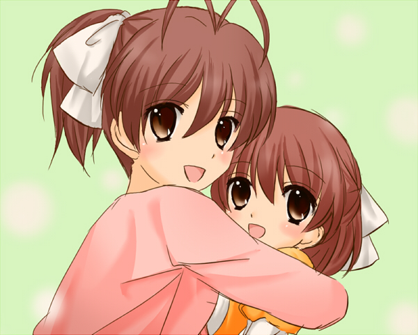 naruna, furukawa nagisa, okazaki ushio, clannad, 00s, antenna hair, brown eyes, brown hair, carrying, hug, ponytail, short hair