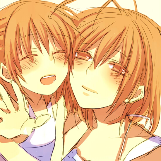 hani (udauda), furukawa nagisa, okazaki ushio, clannad, bad id, bad pixiv id, 00s, antenna hair, brown eyes, brown hair, carrying, short hair