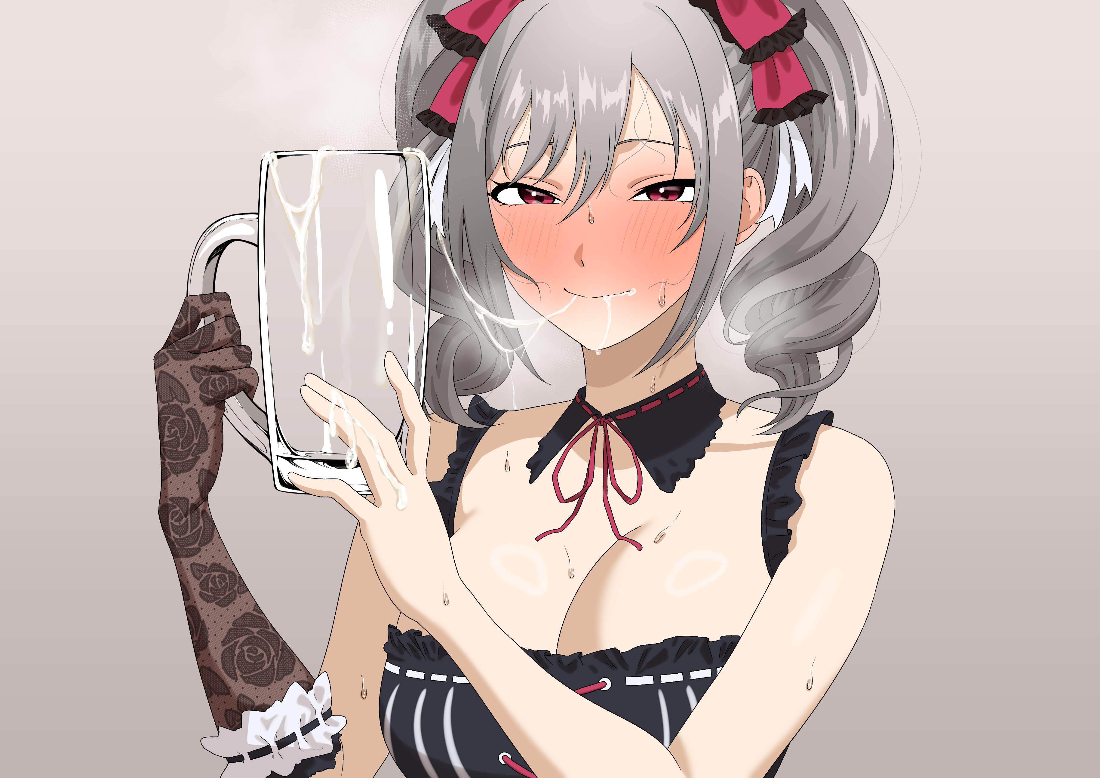 kanzaki ranko, idolmaster, idolmaster cinderella girls, absurdres, highres, 1girl, breasts, cum, cum in container, cum in mouth, gokkun, large breasts