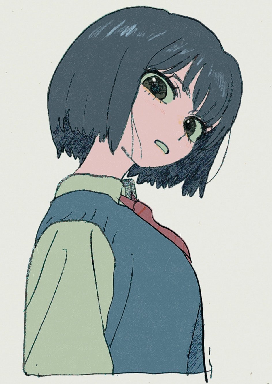 komugiko 2000, original, highres, 1girl, black eyes, black hair, blue shirt, bob cut, collared shirt, from side, looking at viewer, shirt, short hair, simple background, solo, upper body