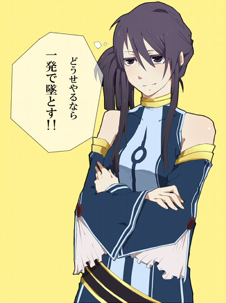 yuri lowell, tales of (series), tales of vesperia, translation request, 00s, 1boy, crossdressing, crossdressing (mtf), detached sleeves, male focus, ponytail, purple eyes, purple hair, solo, trap, yellow background