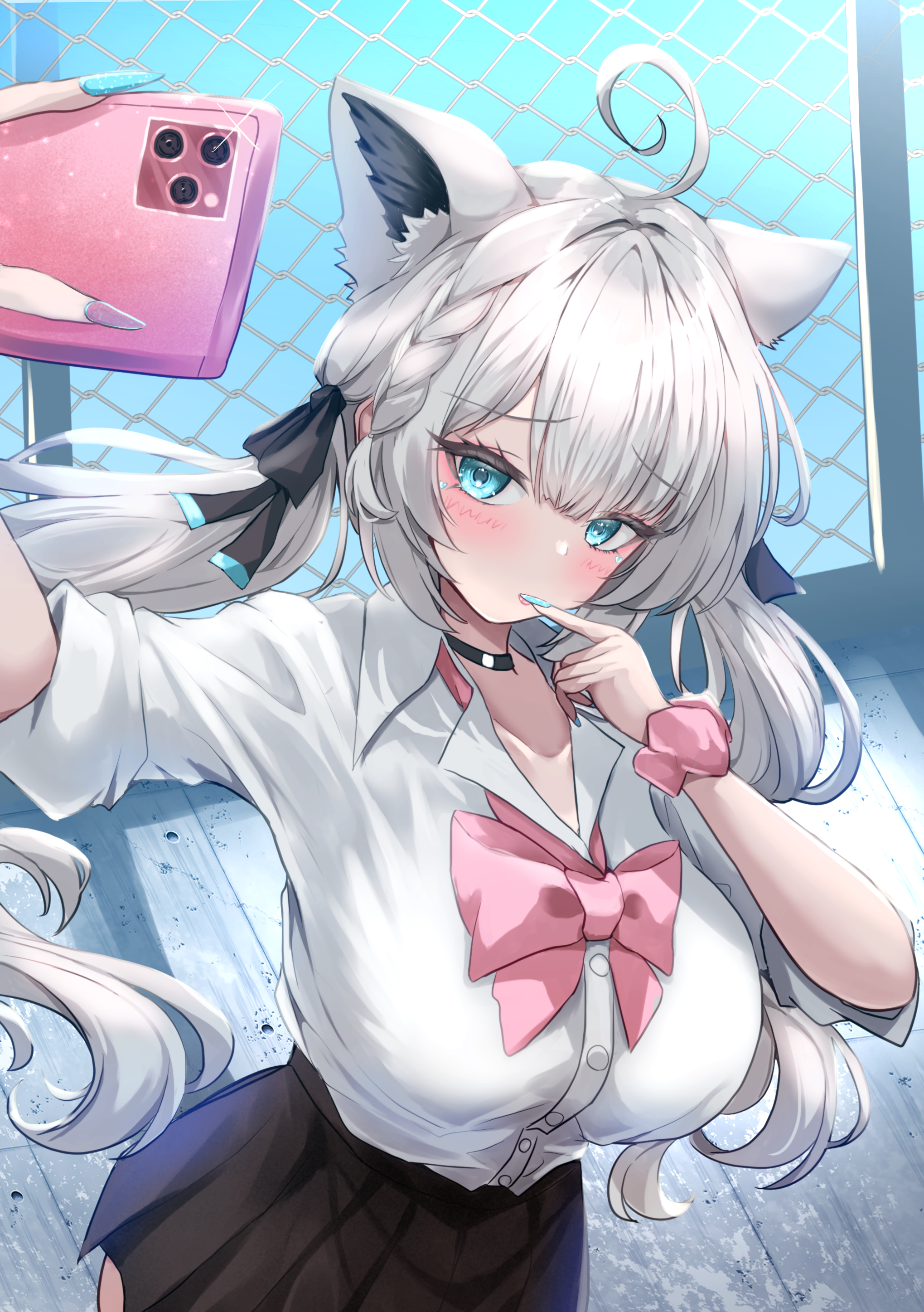 0806ohji, shirakami fubuki, hololive, absurdres, commentary request, highres, ahoge, animal ear fluff, animal ears, black choker, black skirt, blue eyes, blue nails, braid, breasts, cellphone, chain-link fence, choker, collarbone, fence, fingers to mouth, hair ribbon, holding, holding phone, large breasts, long hair, outdoors, phone, pleated skirt, ribbon, school uniform, scrunchie, shirt, skirt, sleeves rolled up, smartphone, standing, twintails, white hair, white shirt, wrist scrunchie