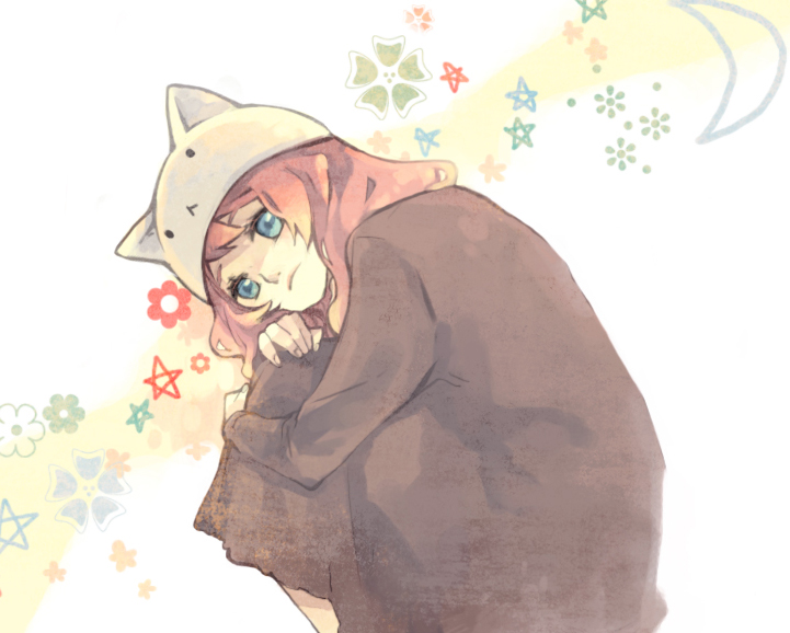 mig (36th underground), megurine luka, megurine luka (toeto), toeto (vocaloid), vocaloid, bad id, bad pixiv id, animal hat, blue eyes, cat hat, fetal position, hat, head tilt, hugging own legs, pink hair, solo