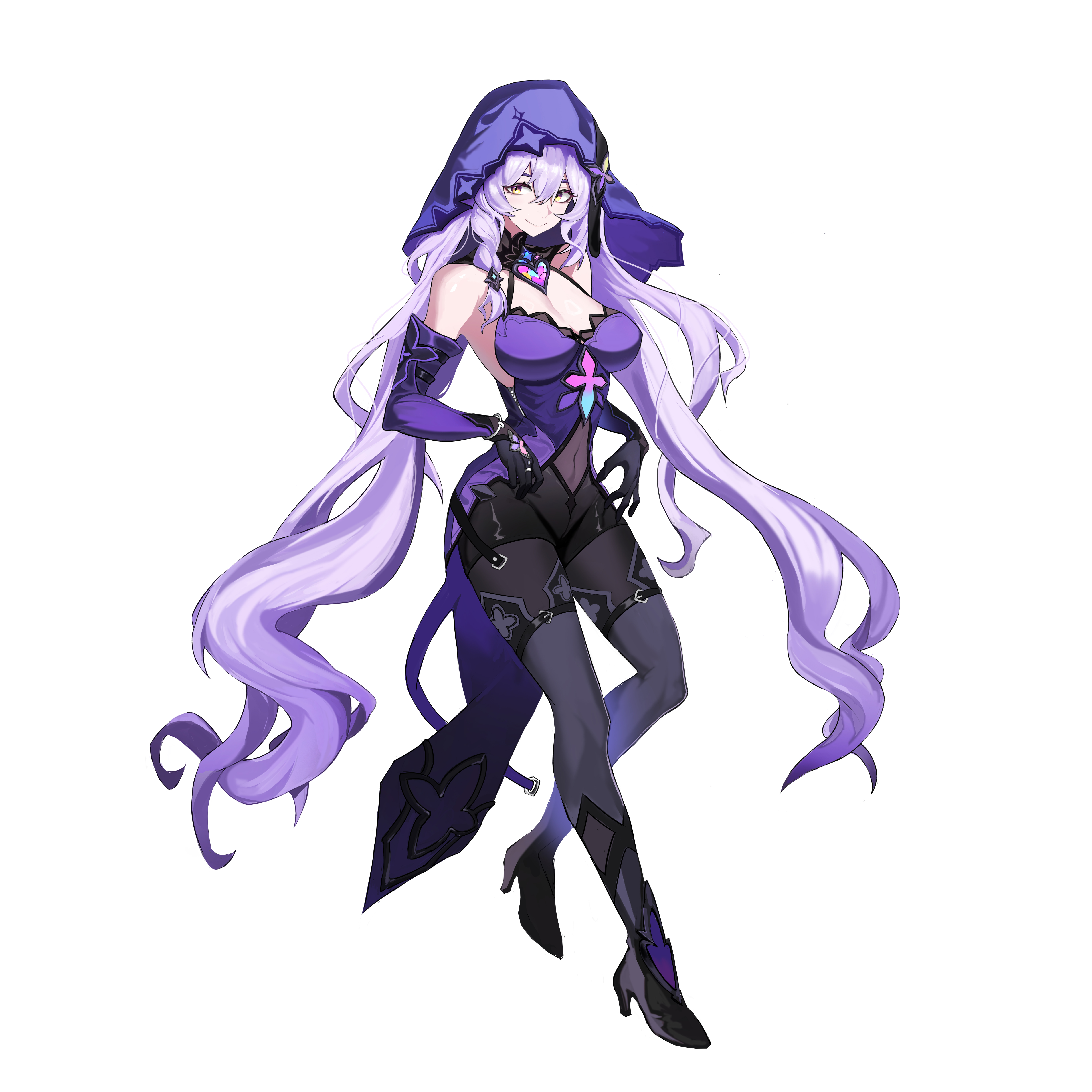 qishier shi ya tuo, black swan (honkai: star rail), honkai: star rail, honkai (series), absurdres, commentary request, highres, 1girl, bare shoulders, black boots, black gloves, black pantyhose, black shorts, boots, breasts, cleavage, closed mouth, covered navel, detached sleeves, gloves, high heel boots, high heels, large breasts, long hair, pantyhose, purple hair, purple veil, shorts, simple background, smile, solo, thigh boots, veil, very long hair, white background, yellow eyes