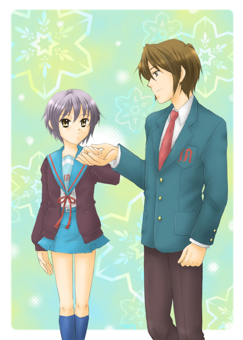 tsutsu urara, koizumi itsuki, nagato yuki, suzumiya haruhi no yuuutsu, 00s, brown eyes, brown hair, grey hair, holding hands, school uniform, serafuku, short hair