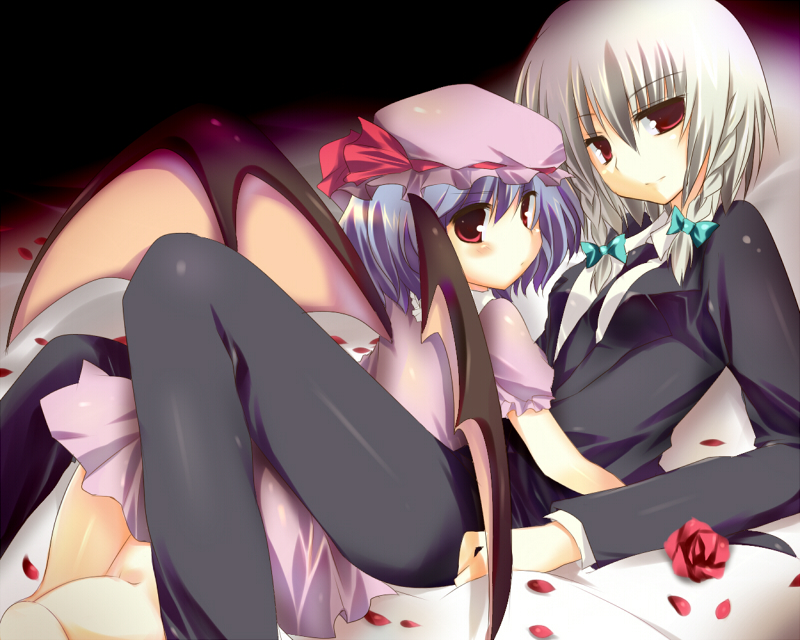 kinoko (hkn), izayoi sakuya, remilia scarlet, touhou, silver hair, bad id, bad pixiv id, 2girls, bat wings, blue hair, braid, butler, crossdressing (ftm), female butler, female focus, flower, formal clothes, hair ribbon, hat, hat ribbon, multiple girls, pant suit, pants, red eyes, ribbon, rose, suit, wings