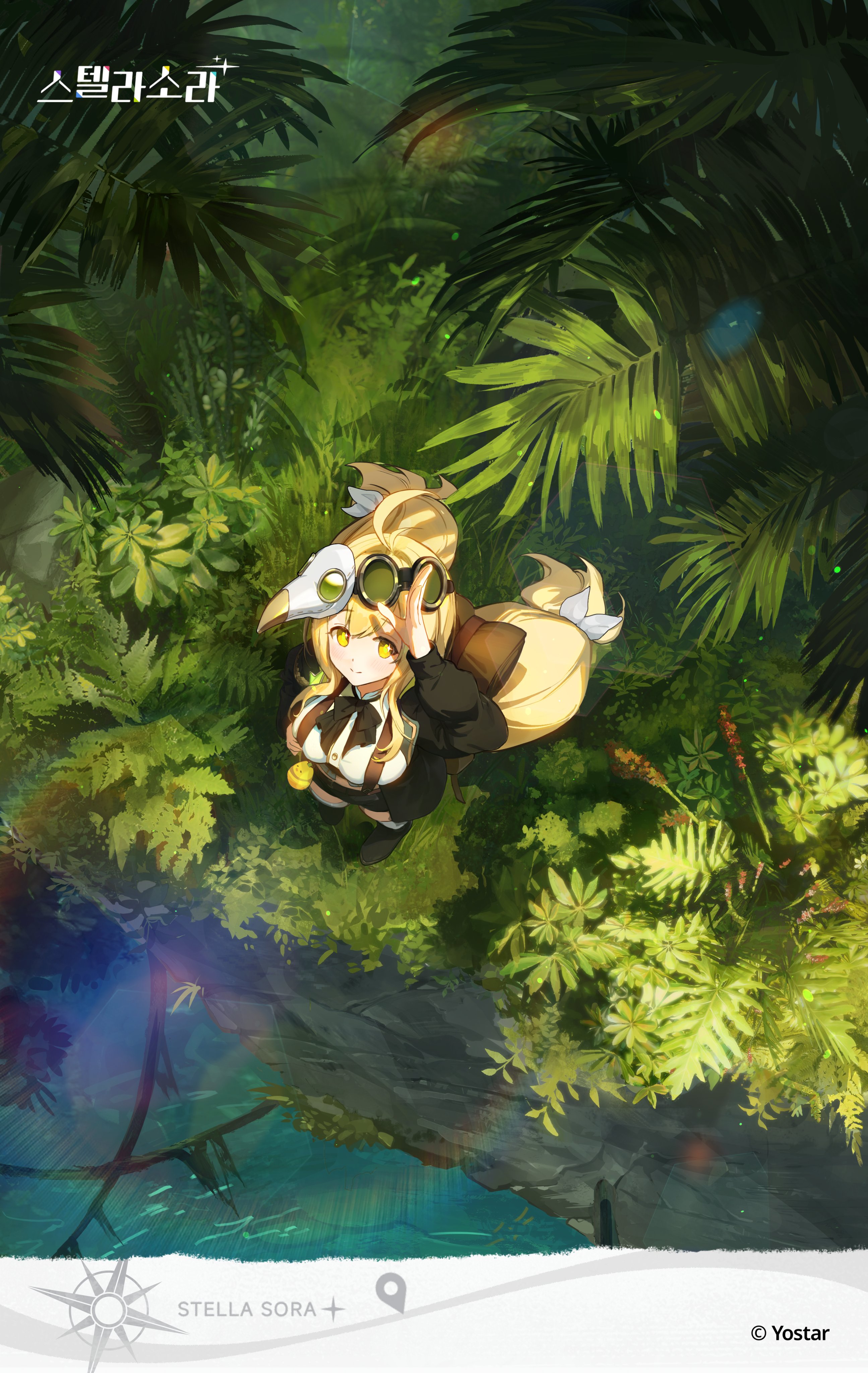 daby, stella sora, absurdres, commentary request, highres, korean commentary, 1girl, ahoge, arm up, black boots, black bow, black bowtie, black coat, black shorts, blonde hair, boots, bow, bowtie, breasts, coat, copyright logo, copyright name, copyright notice, from above, goggles, goggles on head, guest art, large breasts, logo, long hair, looking at viewer, low-tied long hair, mask, mask on head, open clothes, open coat, plague doctor mask, ridge (stella sora), shirt, shorts, solo, very long hair, white shirt, yellow eyes