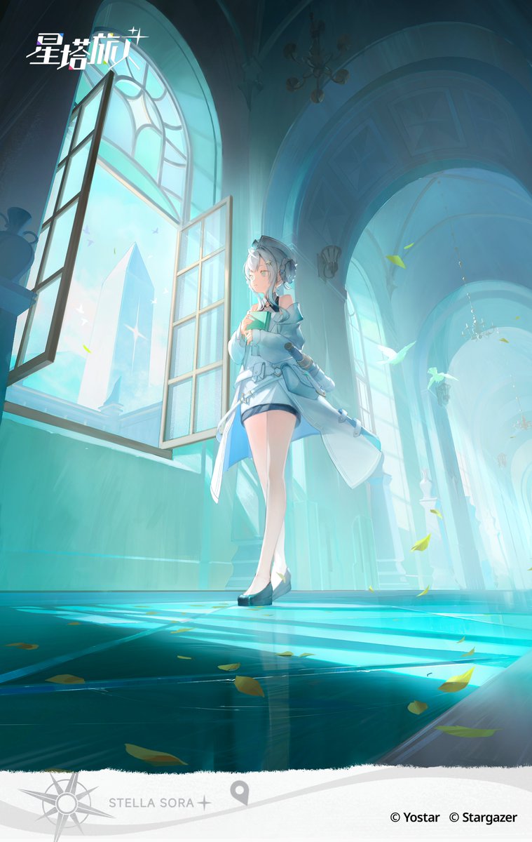 echosdoodle, stella sora, commentary request, highres, 1girl, bare shoulders, bastelina (stella sora), black shoes, closed mouth, coat, copyright logo, copyright name, copyright notice, dress, expressionless, full body, guest art, hallway, indoors, logo, looking outside, off shoulder, open clothes, open coat, open window, shoes, short dress, sleeveless, sleeveless dress, solo, standing, white dress, window