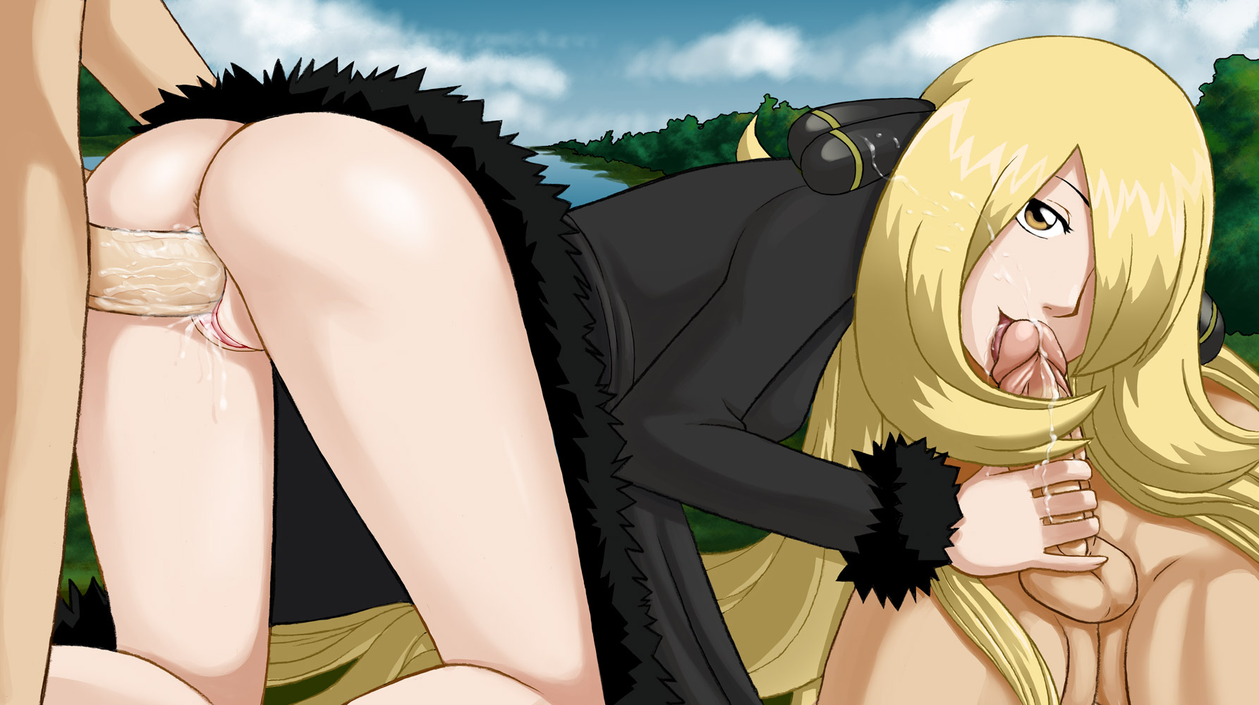 incognitymous, shirona (pokemon), pokemon, highres, 1girl, 2boys, all fours, ass, bottomless, clothed sex, cum, cum in pussy, cum on hair, doggystyle, facial, fellatio, from behind, group sex, handjob, multiple boys, no panties, oral, penis, pussy, pussy juice, sex, spitroast, testicles, uncensored, vaginal