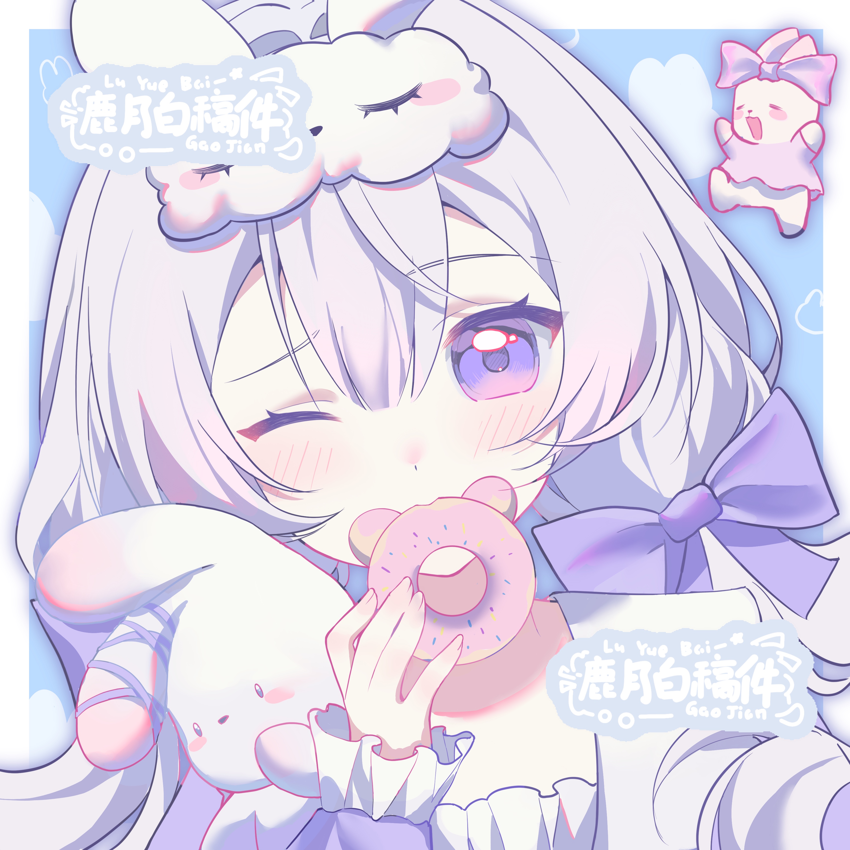 original, absurdres, bad id, bad mihuashi id, highres, 1girl, artist name, blue background, blunt bangs, blush, border, bow, closed mouth, donut, double-parted bangs, eating, food, grey hair, hair between eyes, hair bow, holding, holding donut, holding food, long hair, long sleeves, looking at viewer, low twintails, lu yue bai, one eye closed, outside border, portrait, purple bow, purple eyes, shirt, sleep mask, solo, twintails, white border, white shirt
