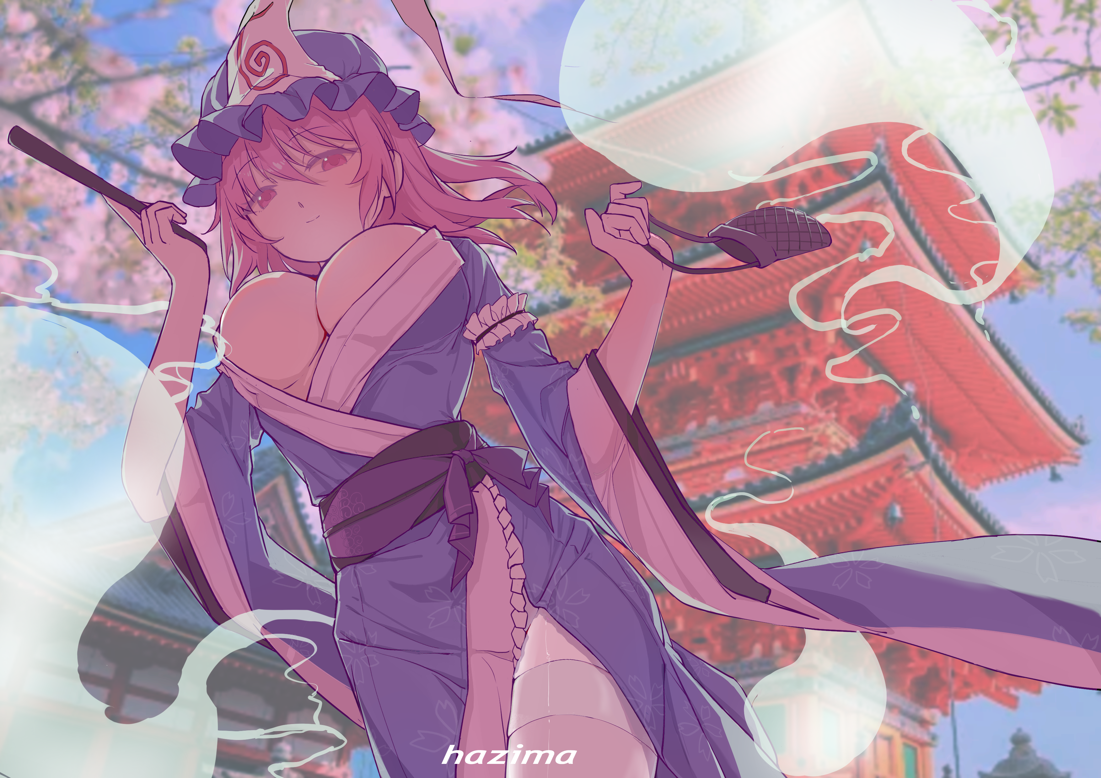 saigyouji yuyuko, touhou, absurdres, highres, 1girl, blue kimono, bow, breasts, building, cherry, cherry blossoms, dress, folding fan, food, frilled kimono, frills, fruit, ghost, hand fan, hat, hazima 777, hitodama, japanese clothes, kimono, large breasts, long sleeves, looking at viewer, mob cap, pink eyes, pink hair, red eyes, ribbon, short hair, smile, solo, triangular headpiece, wide sleeves