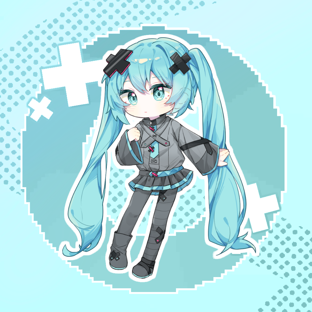 batsu miku, hatsune miku, kowareta sekai to utaenai miku, project sekai, vocaloid, 1girl, aqua eyes, aqua hair, aqua trim, bandaid, bandaid on leg, black boots, black skirt, boots, grey jacket, hair between eyes, hair ornament, jacket, long hair, long sleeves, pleated skirt, shenlansdtk, skirt, solo, turtleneck, turtleneck jacket, twintails, very long hair, wide sleeves, x hair ornament