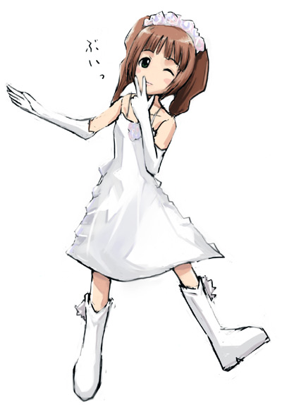 hazuki hirotaka, takatsuki yayoi, idolmaster, idolmaster (classic), idolmaster 1, 00s, 1girl, bare shoulders, boots, bride, brown hair, do-dai, dress, elbow gloves, female focus, full body, gloves, one eye closed, simple background, solo, spaghetti strap, twintails, v, wedding dress, wink