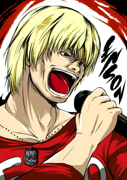 hagane soushi, endou masaaki, jam project, 1boy, jewelry, male focus, microphone, music, pendant, singing, sketch, solo