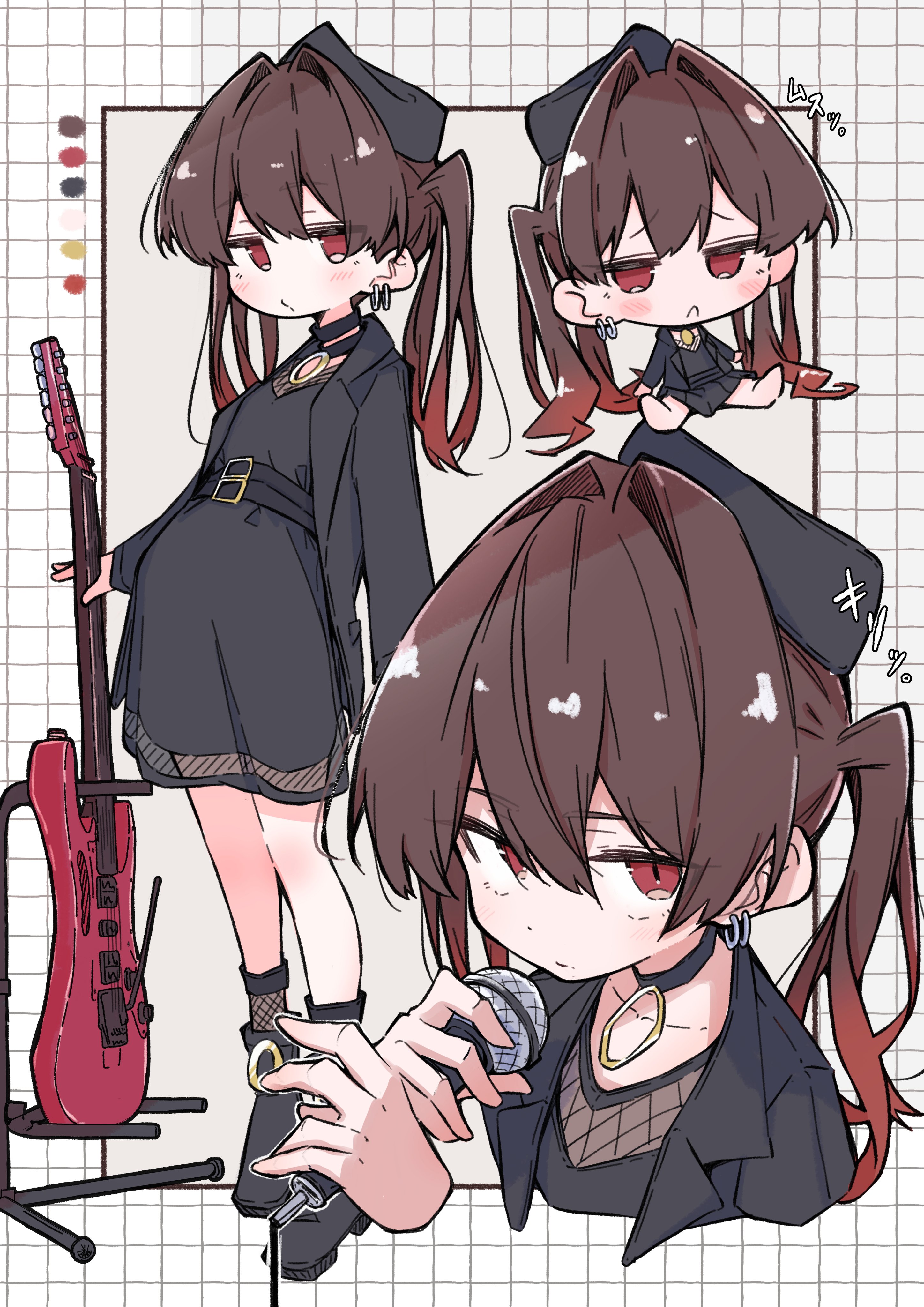 aomoringo, ootsuki yoyoko, bocchi the rock!, absurdres, highres, 1girl, blush, brown hair, chibi, dress, earrings, electric guitar, fishnets, guitar, hat, instrument, jacket, jewelry, long hair, long sleeves, microphone, multiple views, music, red eyes, sitting, twintails