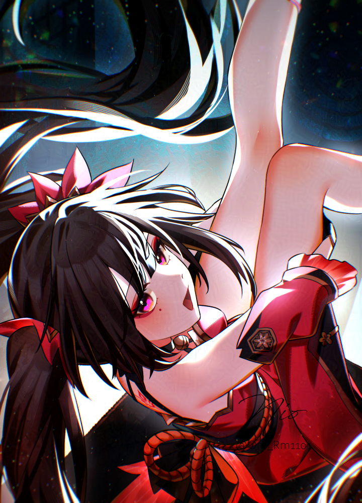 om rm1101, sparkle (honkai: star rail), honkai: star rail, honkai (series), commentary, 1girl, black hair, dress, facial mark, floating hair, long hair, open mouth, purple eyes, red dress, solo, twintails, very long hair