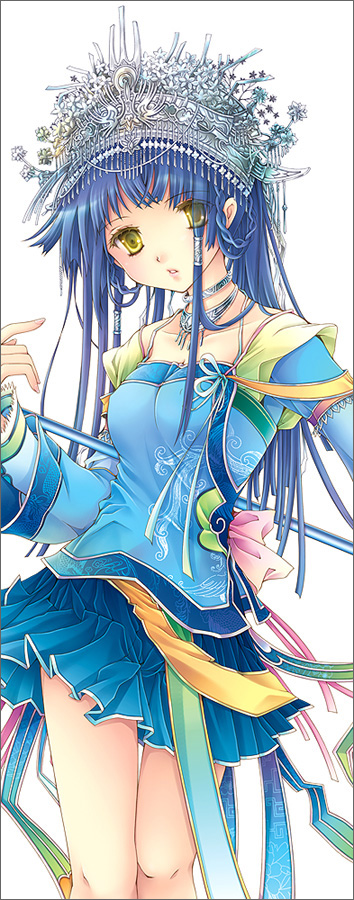 ai x kira, blue hair, crown, jewelry, long hair, long sleeves, necklace, skirt, solo, standing, yellow eyes