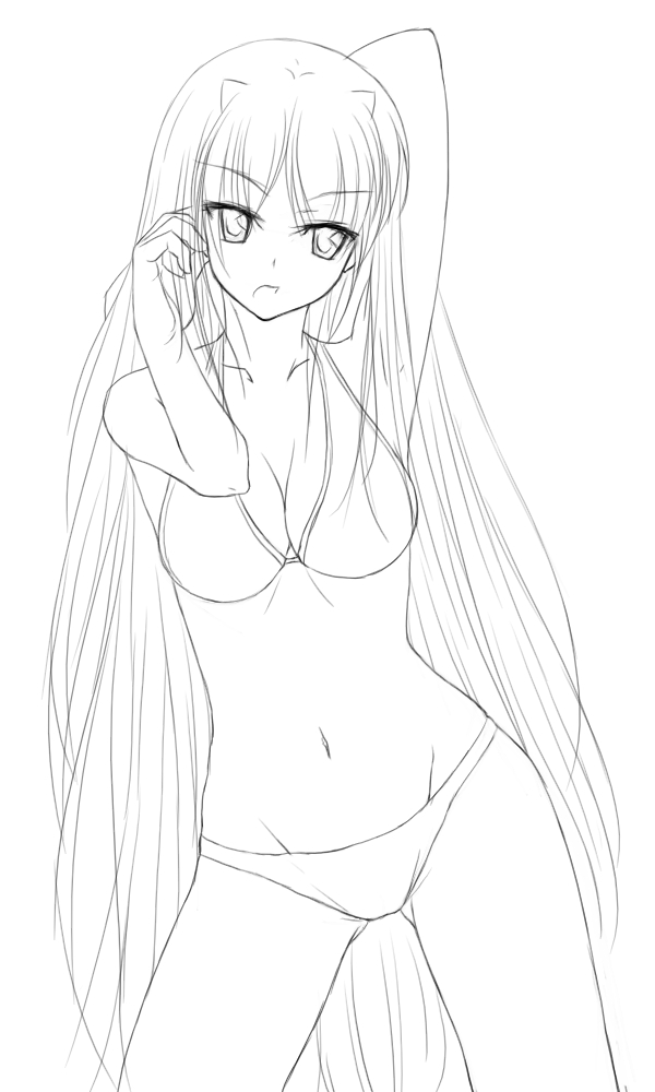 illusionk, original, 1girl, animal ears, bikini, breasts, cat ears, cleavage, female focus, greyscale, groin, lineart, long hair, monochrome, navel, solo, swimsuit, very long hair