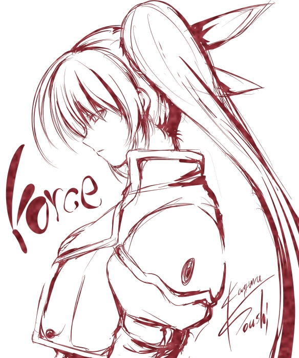 hagane soushi, takamachi nanoha, lyrical nanoha, mahou shoujo lyrical nanoha, mahou shoujo lyrical nanoha strikers, 00s, 1girl, artist name, bow, female focus, hair bow, long hair, monochrome, ponytail, profile, red theme, signature, solo, upper body
