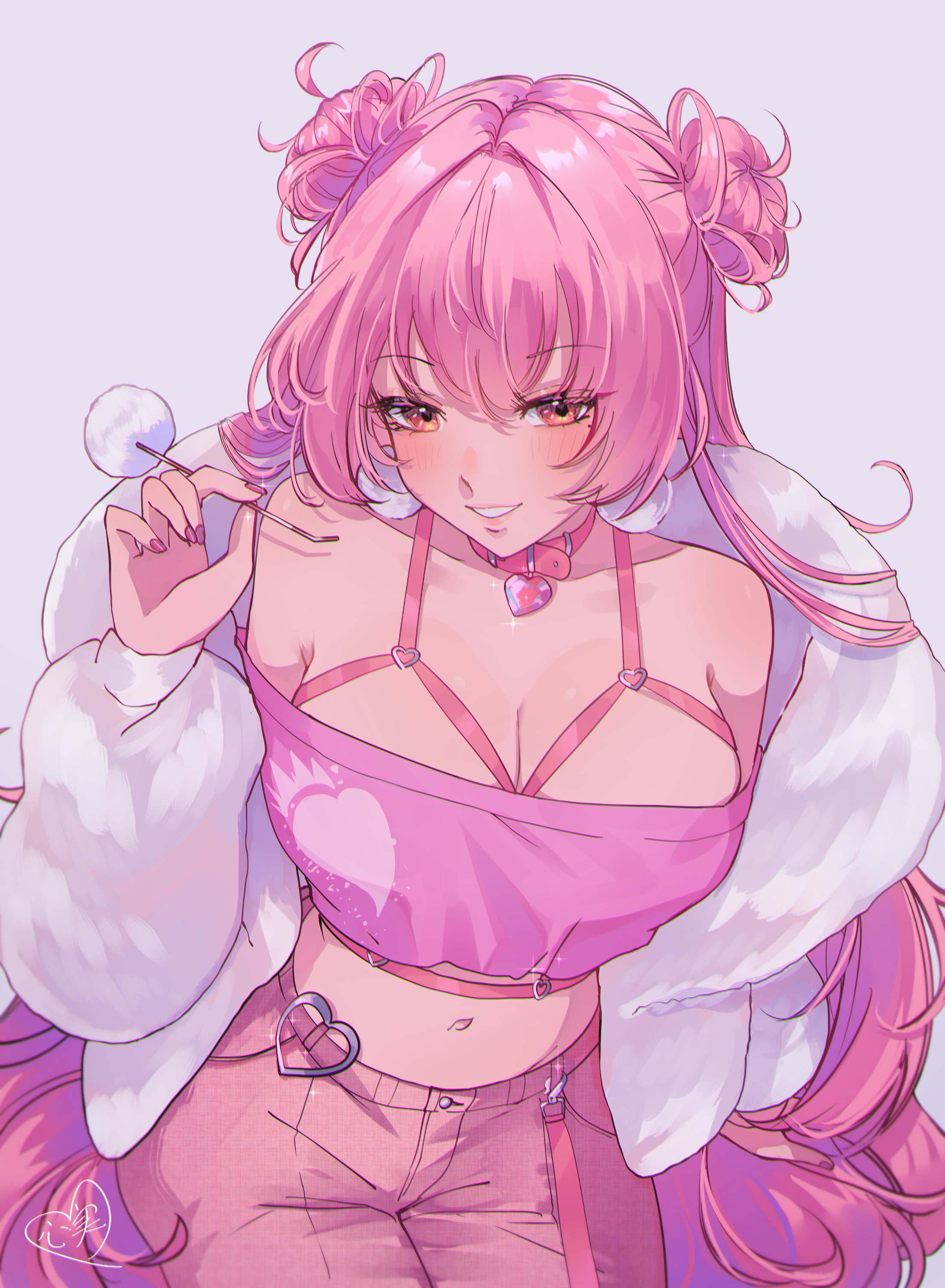 kokomi (aniesuakkaman), indie virtual youtuber, absurdres, commentary, english commentary, highres, 1girl, babypink (vtuber), belt, belt collar, blush, breasts, chest harness, choker, cleavage, collar, denim, double bun, gem, hair bun, harness, heart, heart choker, heart print, holding, jacket, jeans, large breasts, lips, long hair, looking at viewer, midriff, mimikaki, nail polish, navel, pants, pink belt, pink choker, pink collar, pink eyes, pink gemstone, pink hair, pink nails, pink pants, pink straps, sitting, smile, solo, teeth, very long hair, virtual youtuber, white background, white jacket