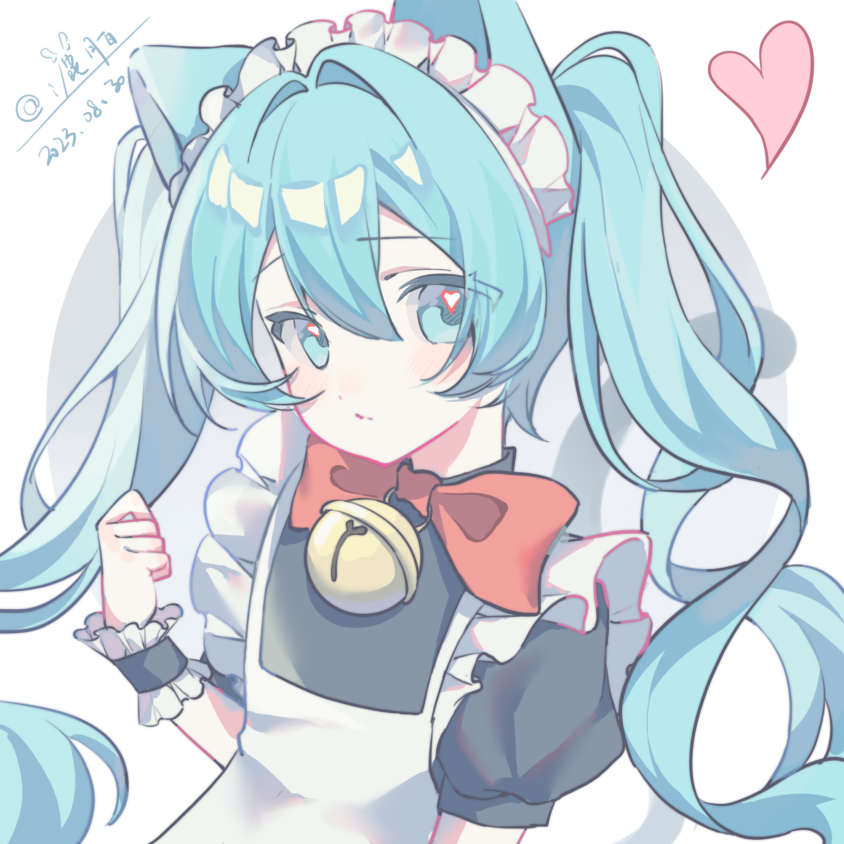 hatsune miku, vocaloid, absurdres, highres, 1girl, alternate costume, animal ears, apron, bell, black dress, blue eyes, blue hair, blush, bow, bowtie, cat ears, cat girl, closed mouth, dated, double-parted bangs, dress, enmaided, frilled wrist cuffs, frills, grey background, hair between eyes, hand up, heart, heart-shaped pupils, kemonomimi mode, long hair, looking at viewer, lu yue bai, maid, maid headdress, neck bell, red bow, red bowtie, short sleeves, signature, solo, symbol-shaped pupils, upper body, white apron, wrist cuffs