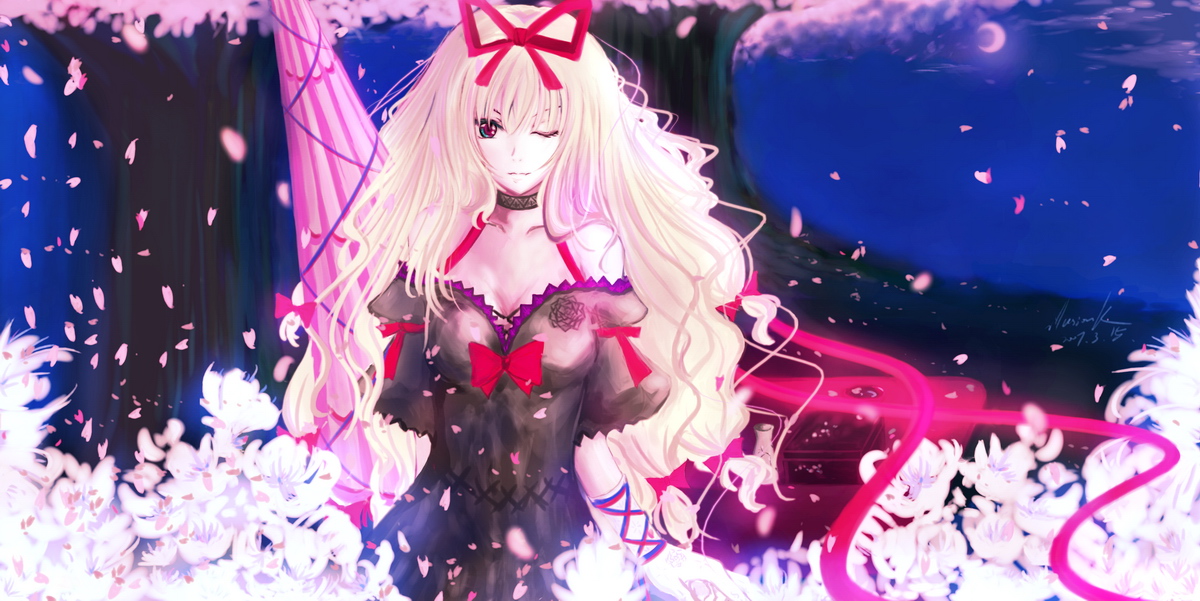 illusionk, yakumo yukari, touhou, 1girl, blonde hair, bow, breasts, choker, cleavage, female focus, flower, gloves, hair bow, long hair, medium breasts, one eye closed, purple eyes, solo, tree, wink