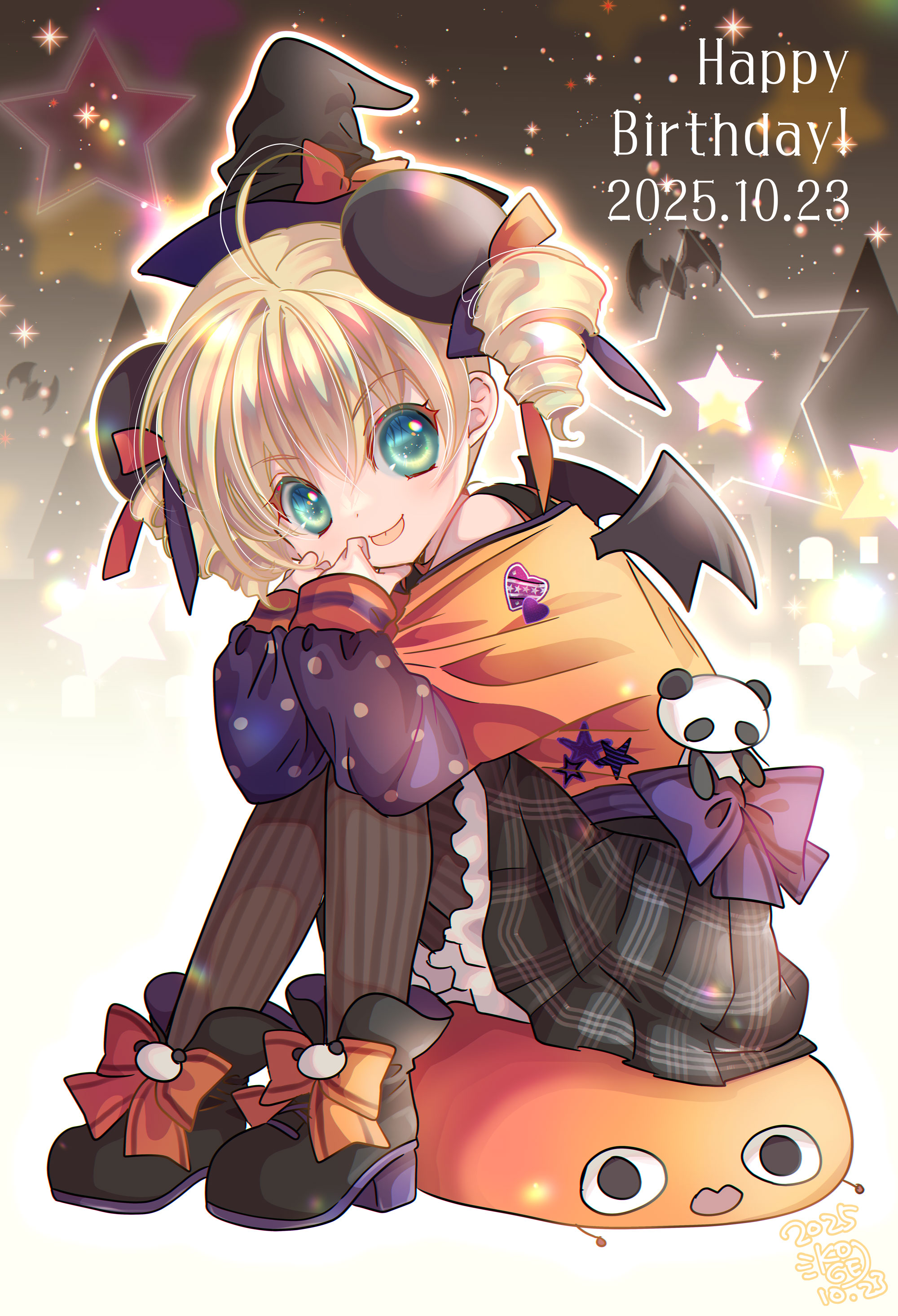 koge donbo, piyoko, di gi charat, absurdres, highres, official art, second-party source, 1girl, 2025, :p, ahoge, animal ears, bat wings, black boots, black hat, black pantyhose, black skirt, black wings, blonde hair, boots, bow, bow skirt, closed mouth, dated, drill hair, extra ears, fake wings, footwear bow, frilled skirt, frills, full body, green eyes, hair between eyes, hair ribbon, halloween costume, happy birthday, hat, hat bow, long sleeves, looking at viewer, mini hat, mini witch hat, orange bow, orange ribbon, orange shirt, panda ears, panda girl, pantyhose, purple bow, purple ribbon, ribbon, shirt, short hair, skirt, solo, striped clothes, striped pantyhose, tongue, tongue out, twin drills, two-tone ribbon, wings, witch hat